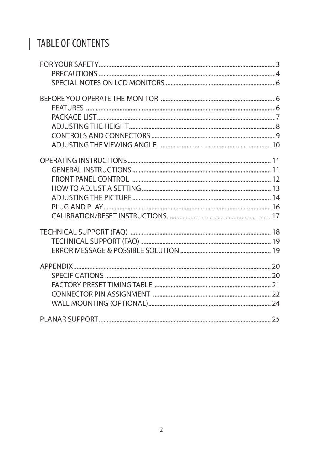 Planar PCT2265 manual Table of Contents 