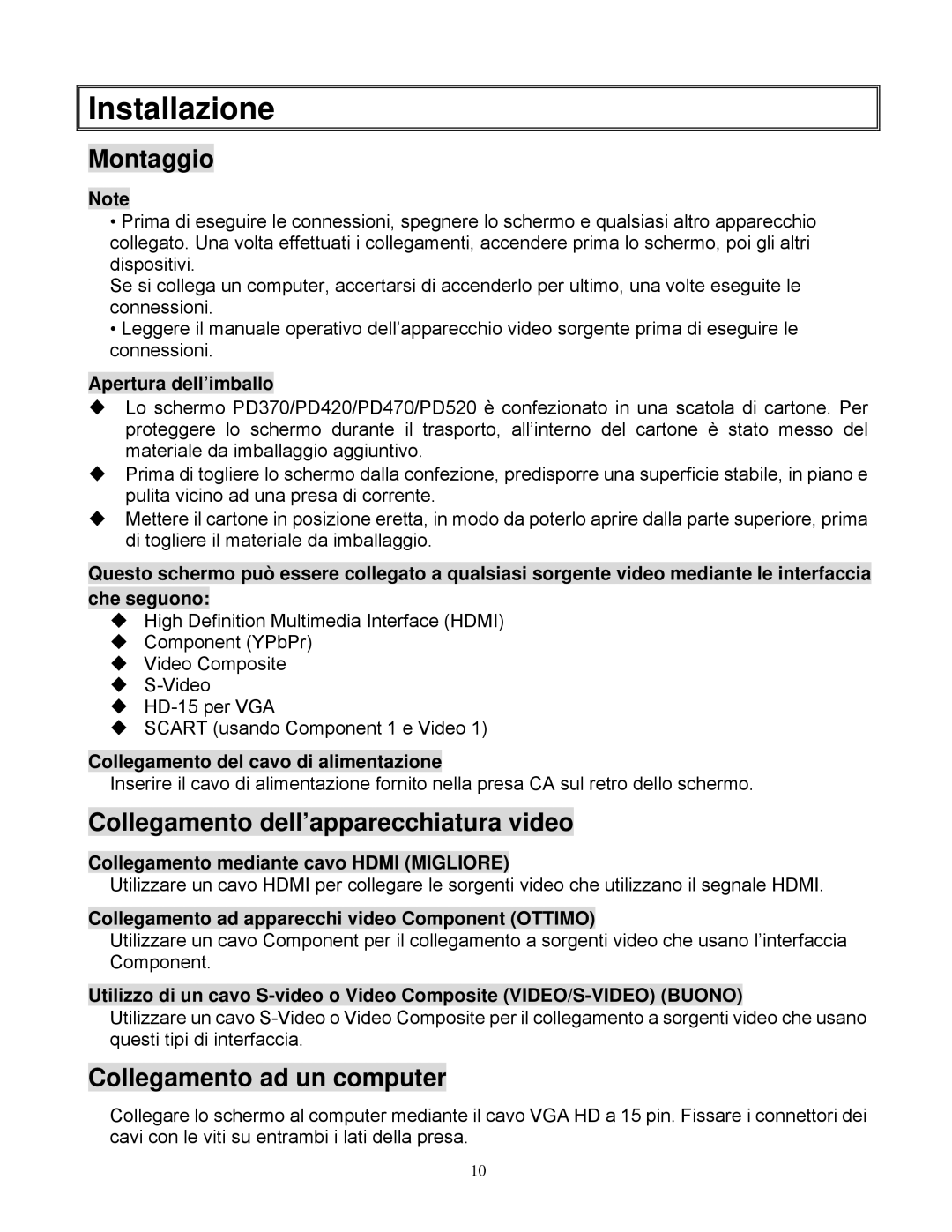 Planar PD470, PD370, PD520 Installazione, Montaggio, Collegamento dell’apparecchiatura video, Collegamento ad un computer 