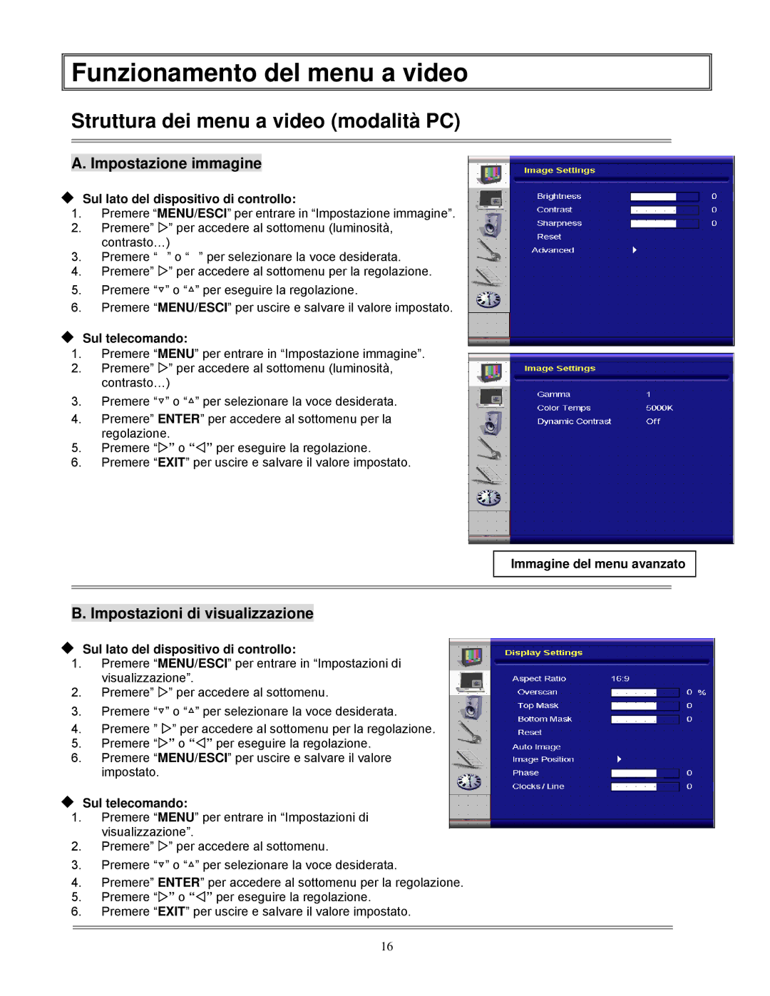 Planar PD520, PD370, PD420 Funzionamento del menu a video, Struttura dei menu a video modalità PC, Impostazione immagine 