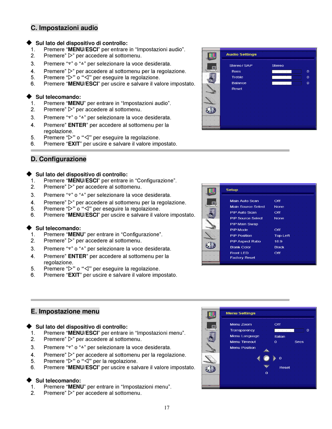 Planar PD420, PD370, PD520, PD470 manual Impostazioni audio, Configurazione, Impostazione menu 