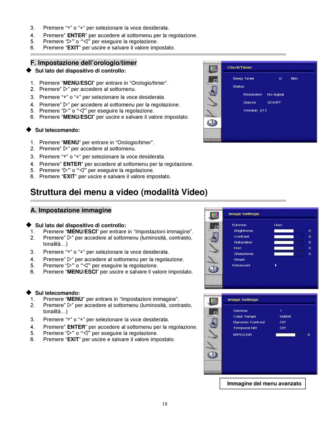 Planar PD470, PD370, PD520, PD420 manual Struttura dei menu a video modalità Video, Impostazione dell’orologio/timer 