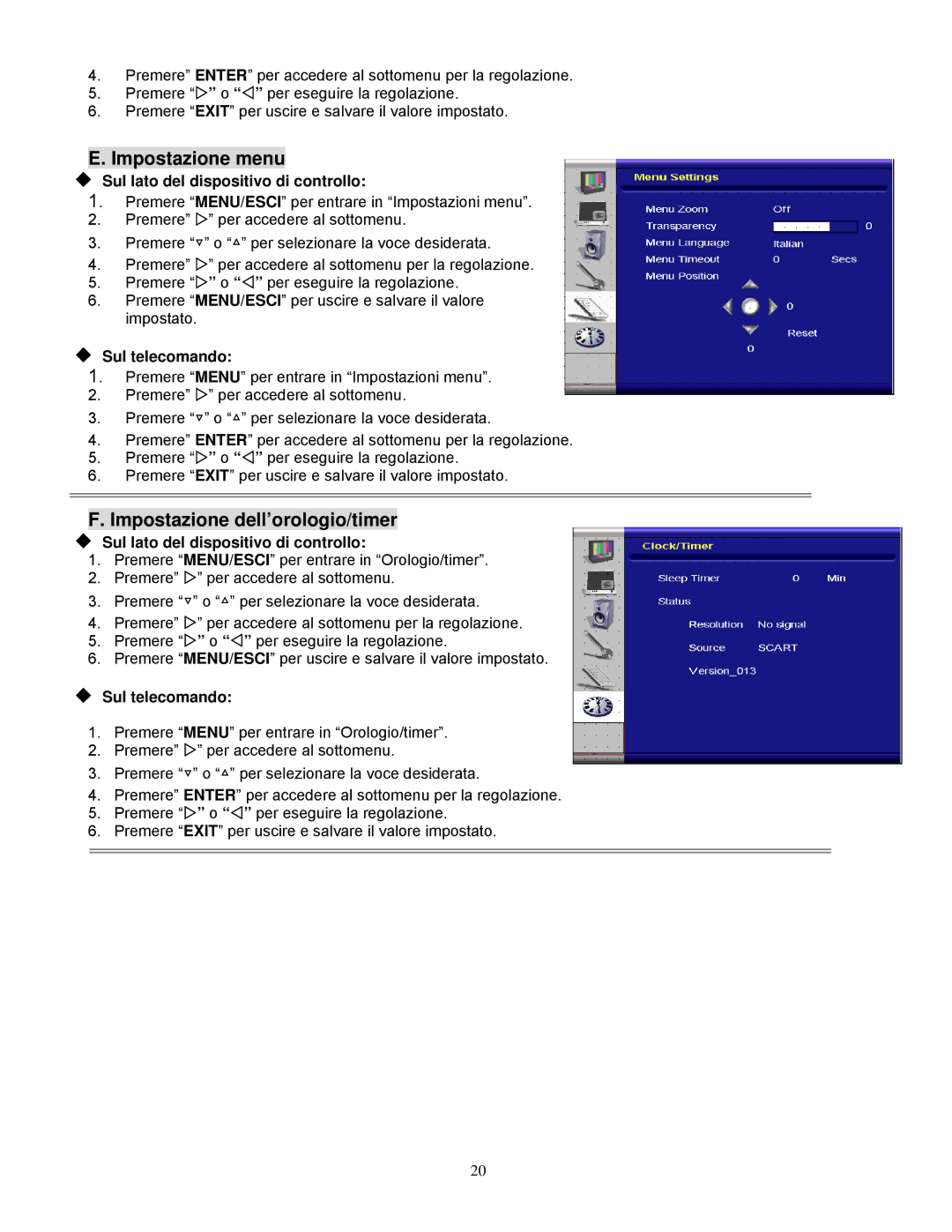 Planar PD520, PD370, PD420, PD470 manual Impostazione menu 