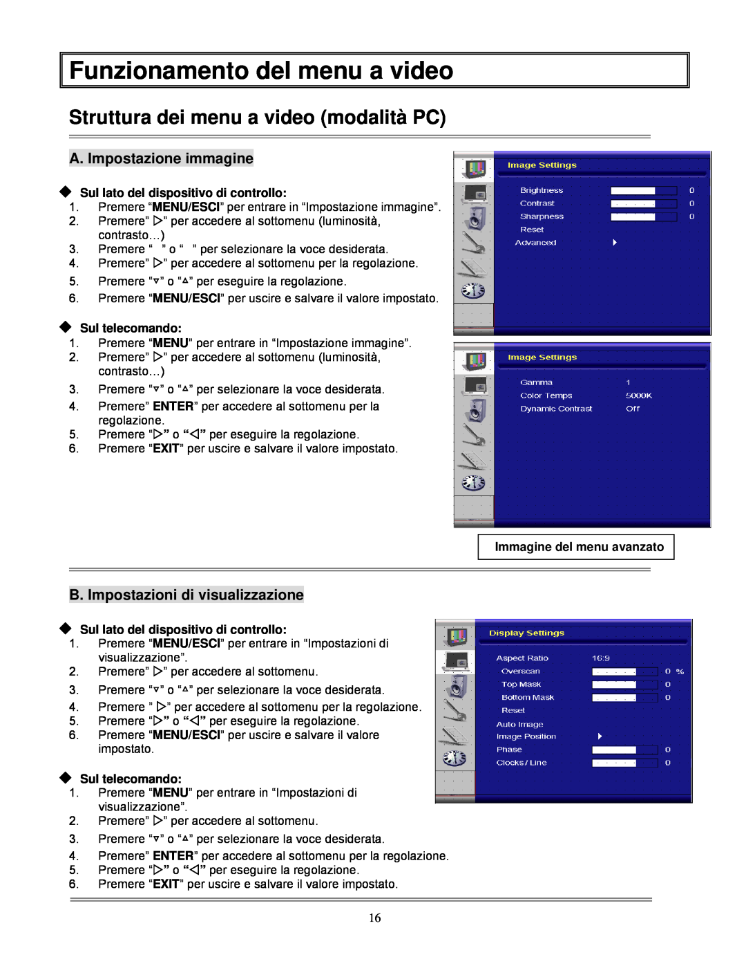 Planar PD520, PD370, PD420 Funzionamento del menu a video, Struttura dei menu a video modalità PC, A. Impostazione immagine 