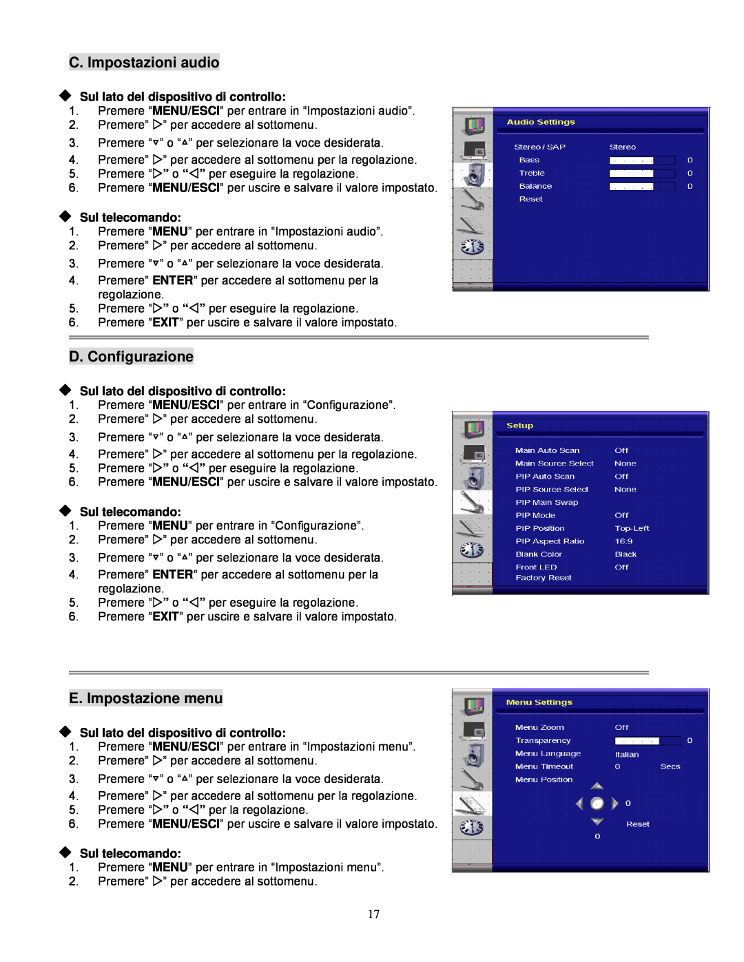 Planar PD420, PD370 C. Impostazioni audio, D.Configurazione, E. Impostazione menu, ‹Sul lato del dispositivo di controllo 