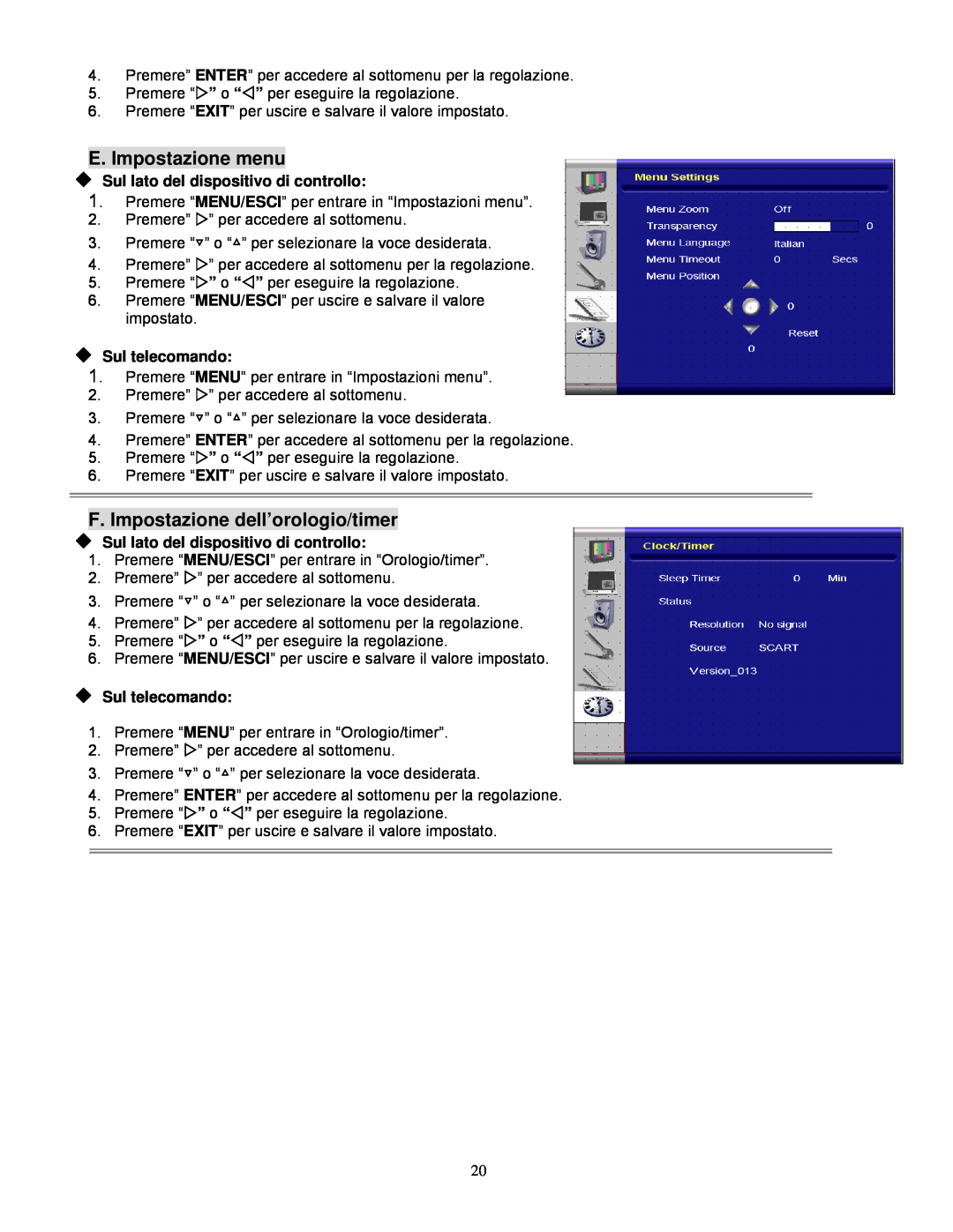 Planar PD520, PD370 manual E. Impostazione menu, F. Impostazione dell’orologio/timer, ‹Sul lato del dispositivo di controllo 