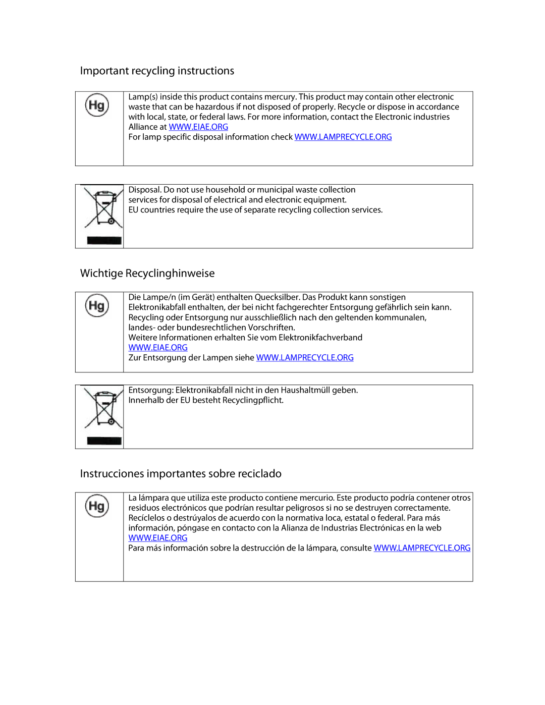 Planar PD370 manual Important recycling instructions, Wichtige Recyclinghinweise, Instrucciones importantes sobre reciclado 