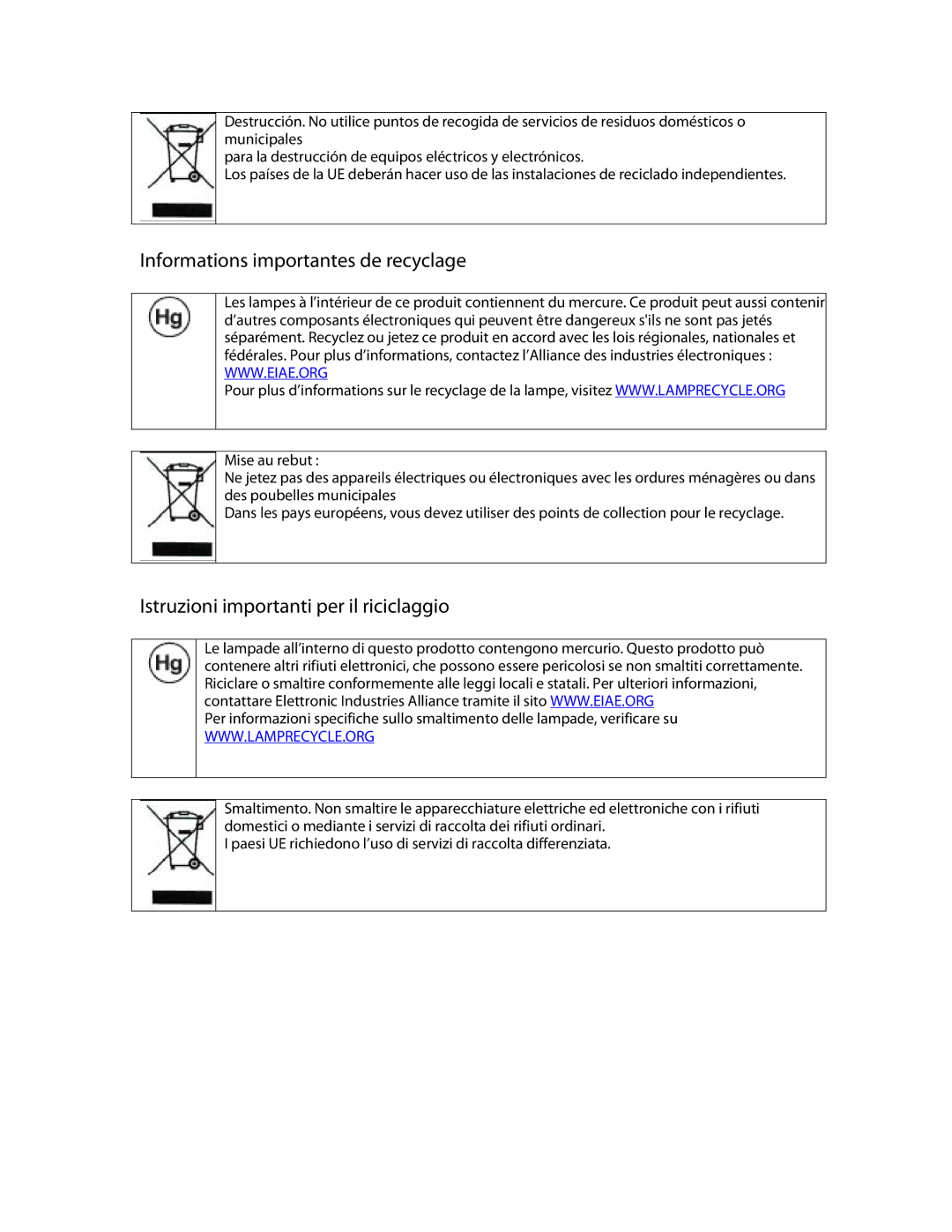 Planar PD370 manual Informations importantes de recyclage, Istruzioni importanti per il riciclaggio 