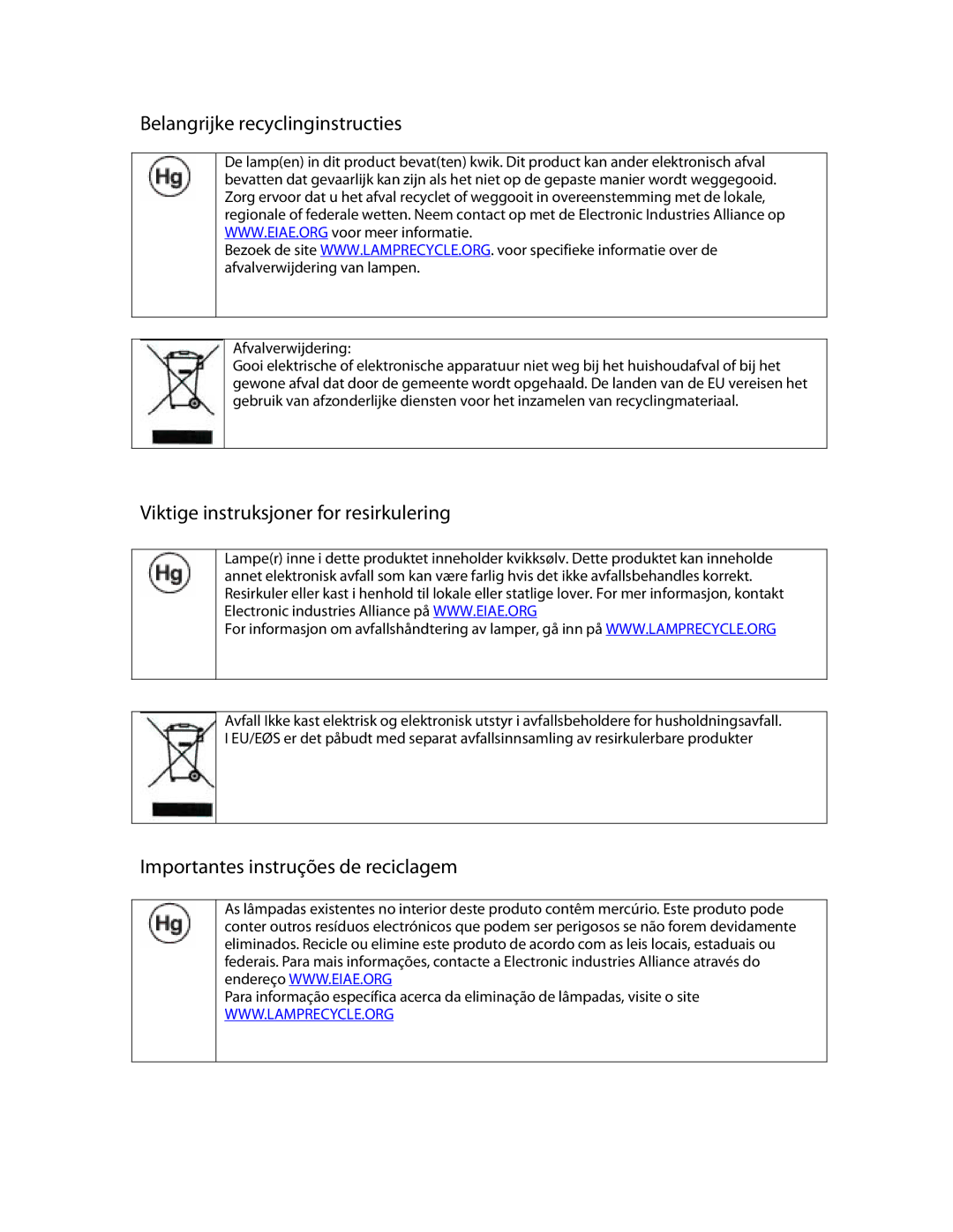 Planar PD370 manual Belangrijke recyclinginstructies, Viktige instruksjoner for resirkulering 