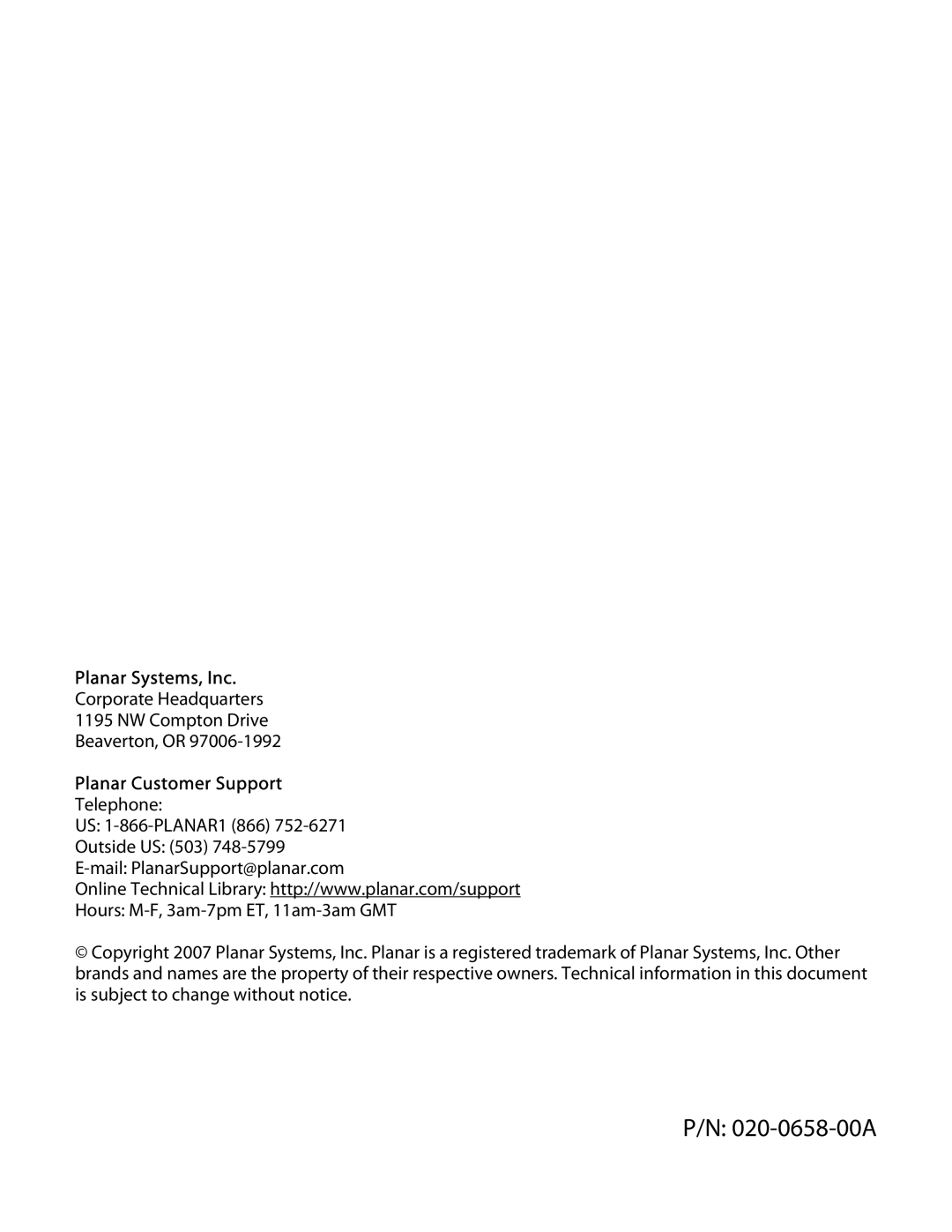 Planar PD370 manual Corporate Headquarters NW Compton Drive Beaverton, or, Planar Customer Support 