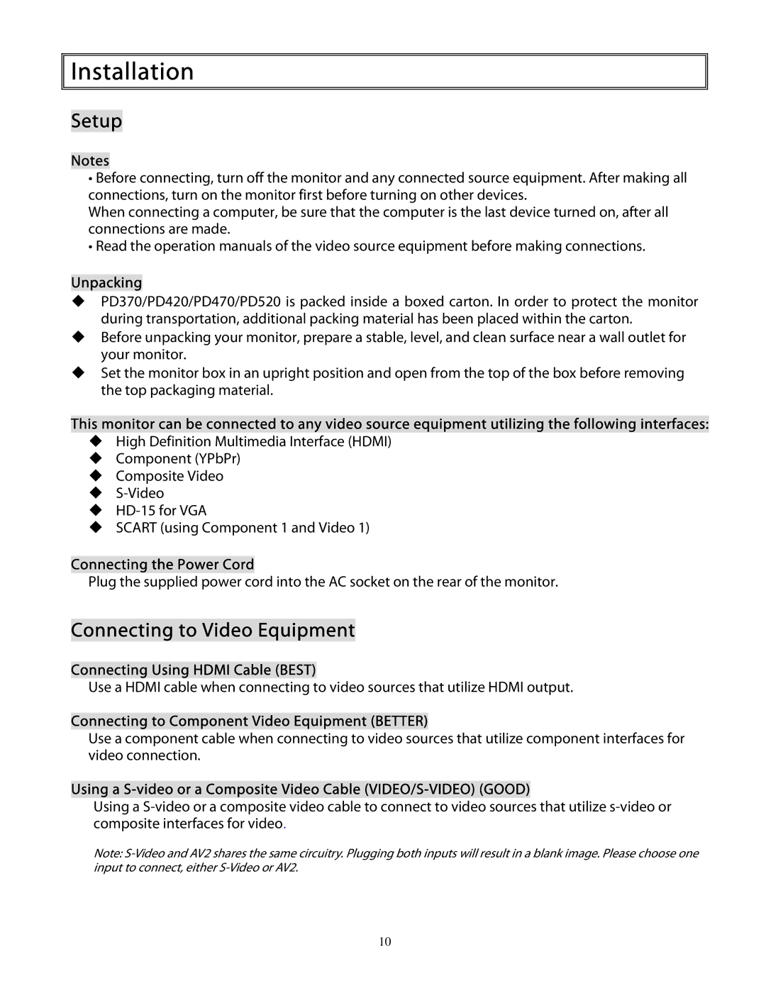 Planar PD370 user manual Installation, Setup, Connecting to Video Equipment 