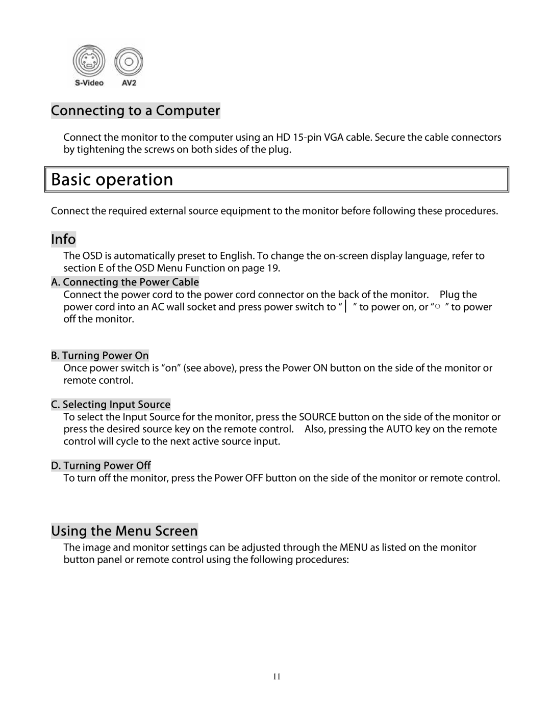 Planar PD370 user manual Basic operation, Connecting to a Computer, Info, Using the Menu Screen 