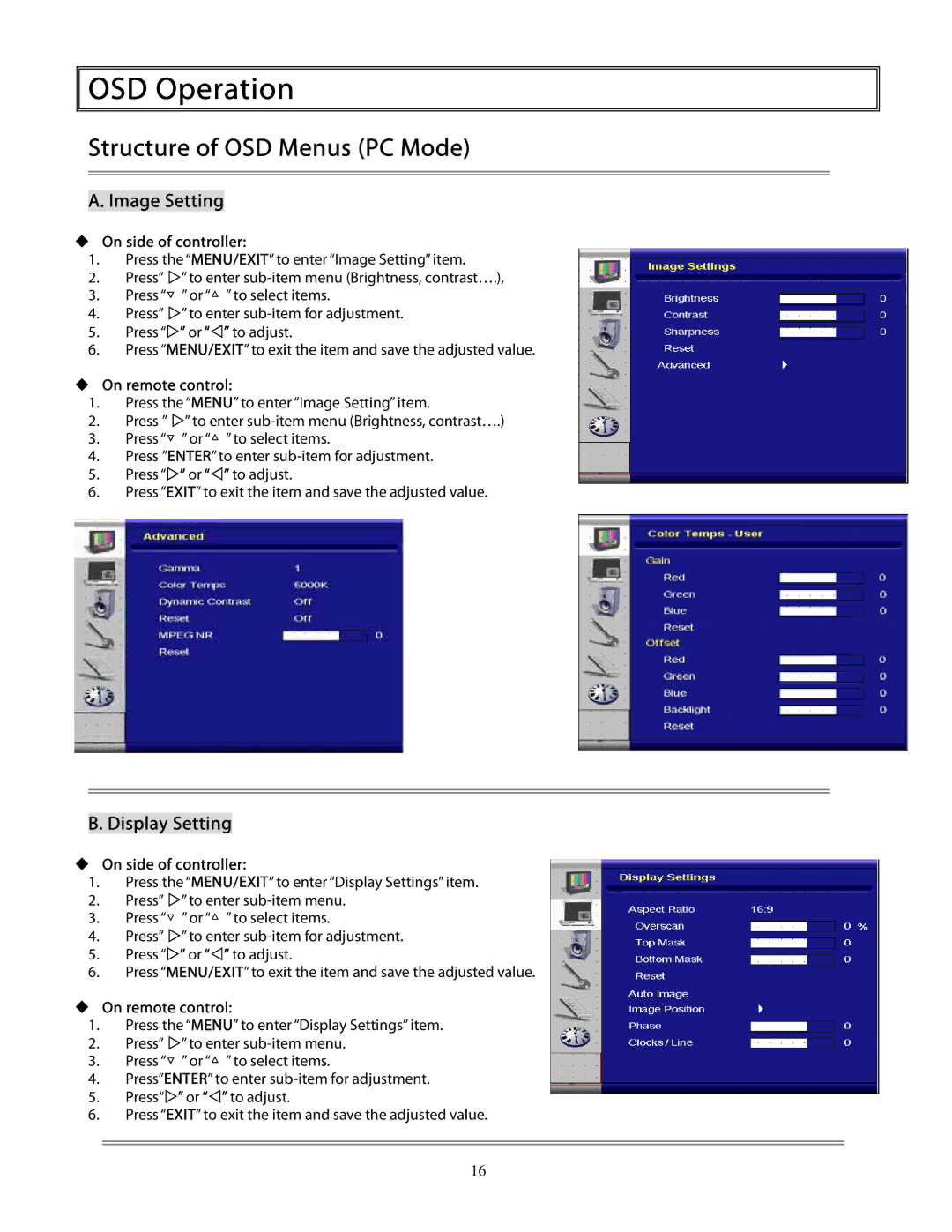 Planar PD370 user manual OSD Operation, Structure of OSD Menus PC Mode, Image Setting, Display Setting 