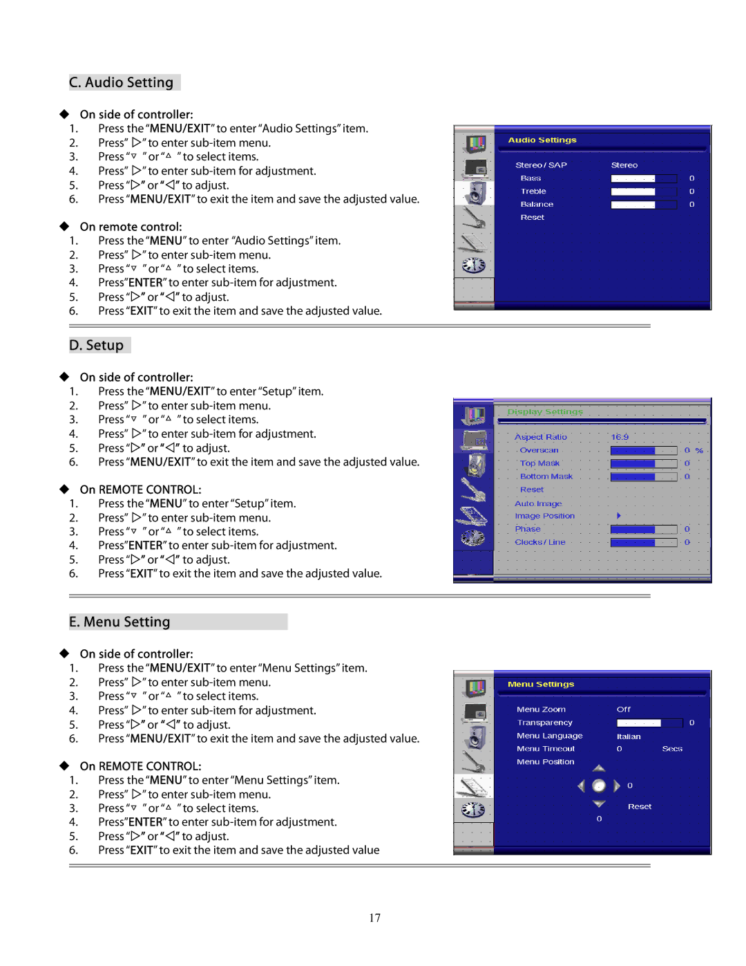 Planar PD370 user manual Audio Setting, Setup, Menu Setting 