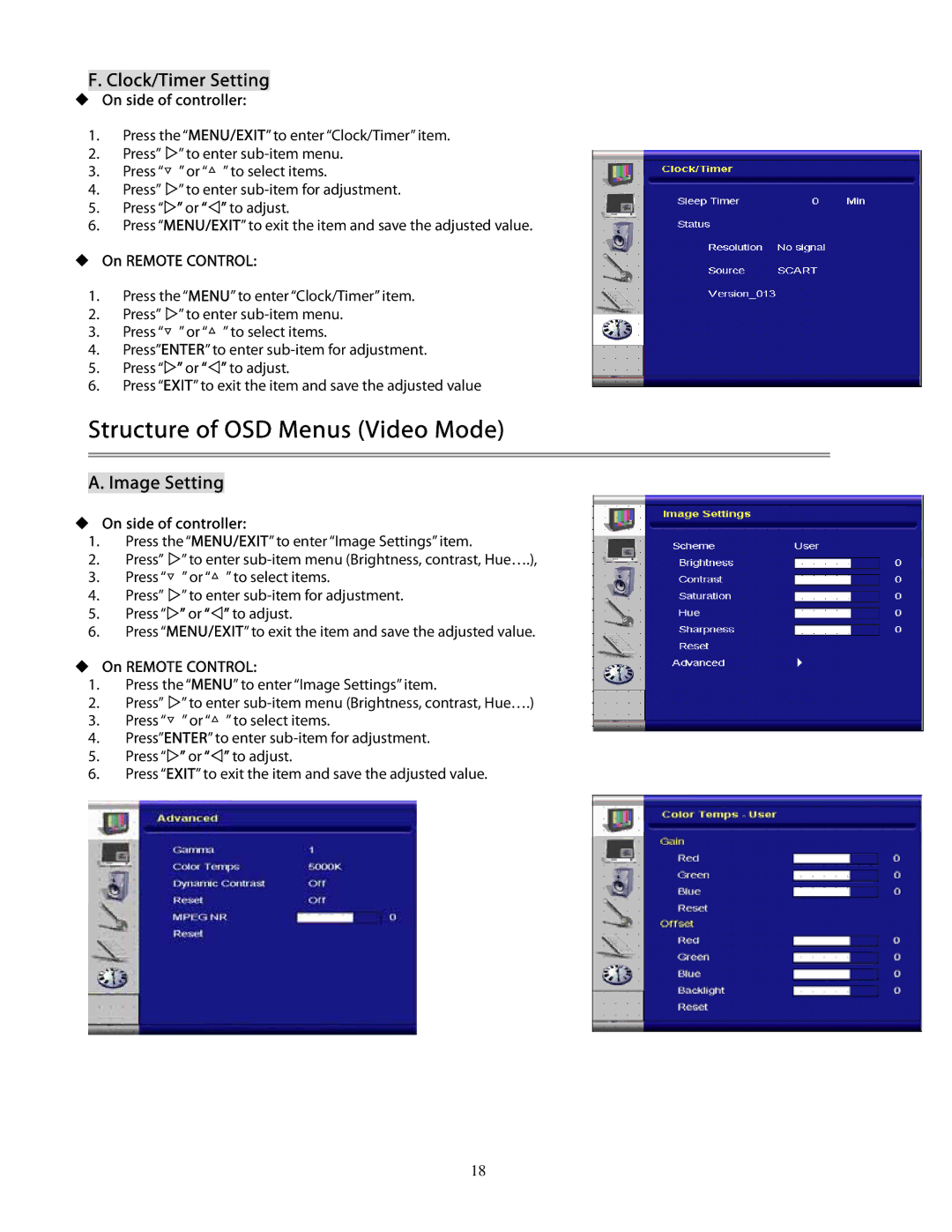 Planar PD370 user manual Structure of OSD Menus Video Mode, Clock/Timer Setting 