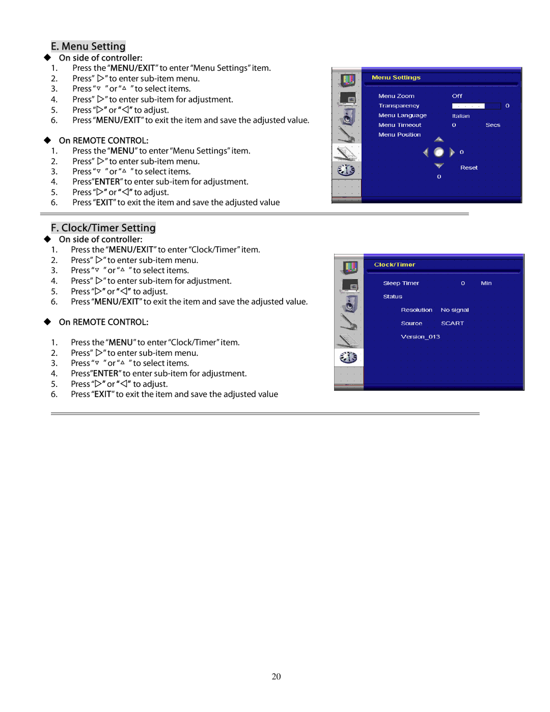 Planar PD370 user manual Menu Setting 