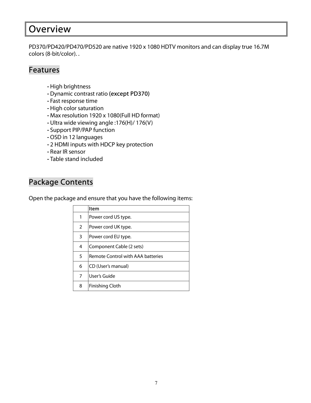 Planar PD370 user manual Overview, Features, Package Contents 