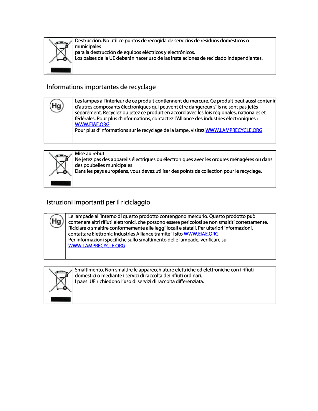 Planar PD370 manual Informations importantes de recyclage, Istruzioni importanti per il riciclaggio 