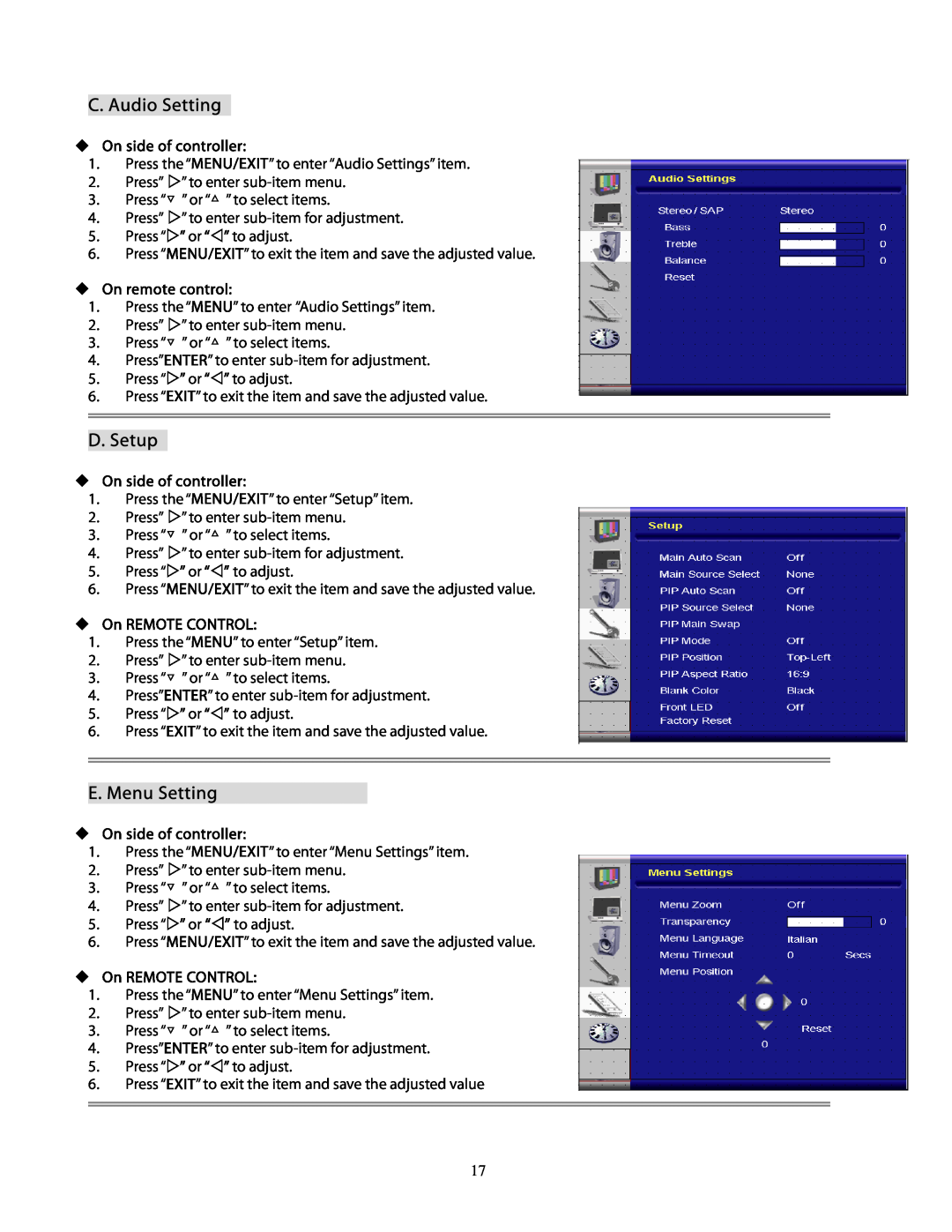 Planar PD370 user manual C. Audio Setting, D. Setup, E. Menu Setting, ‹ On side of controller, ‹ On remote control 