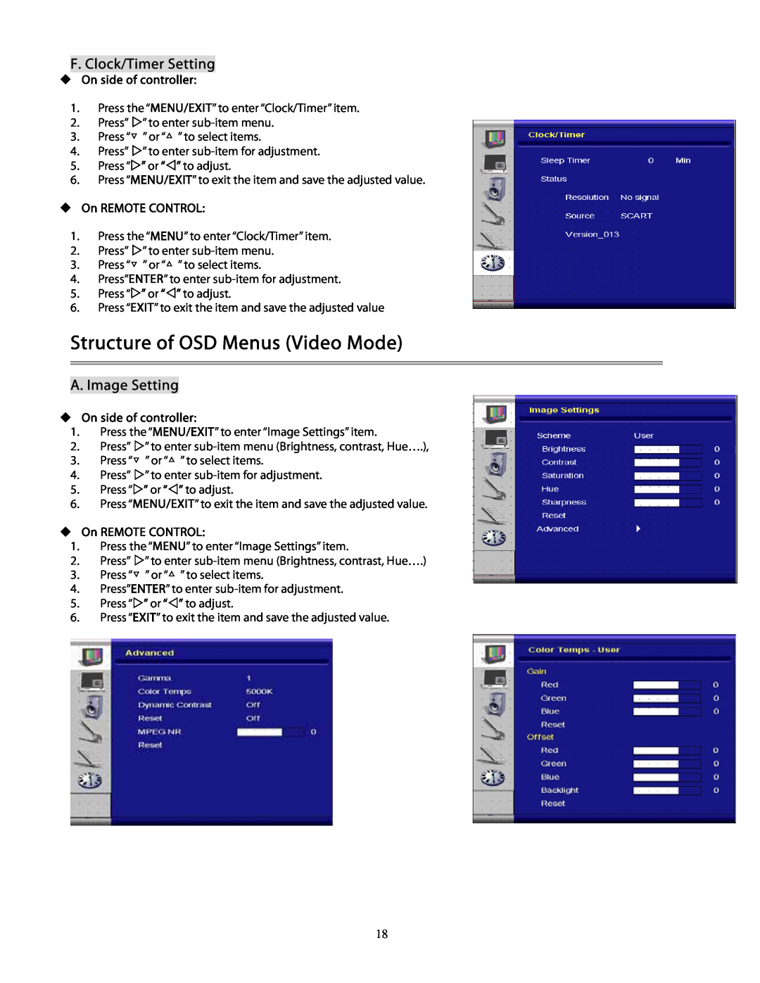 Planar PD370 Structure of OSD Menus Video Mode, F. Clock/Timer Setting, A. Image Setting, ‹ On side of controller 