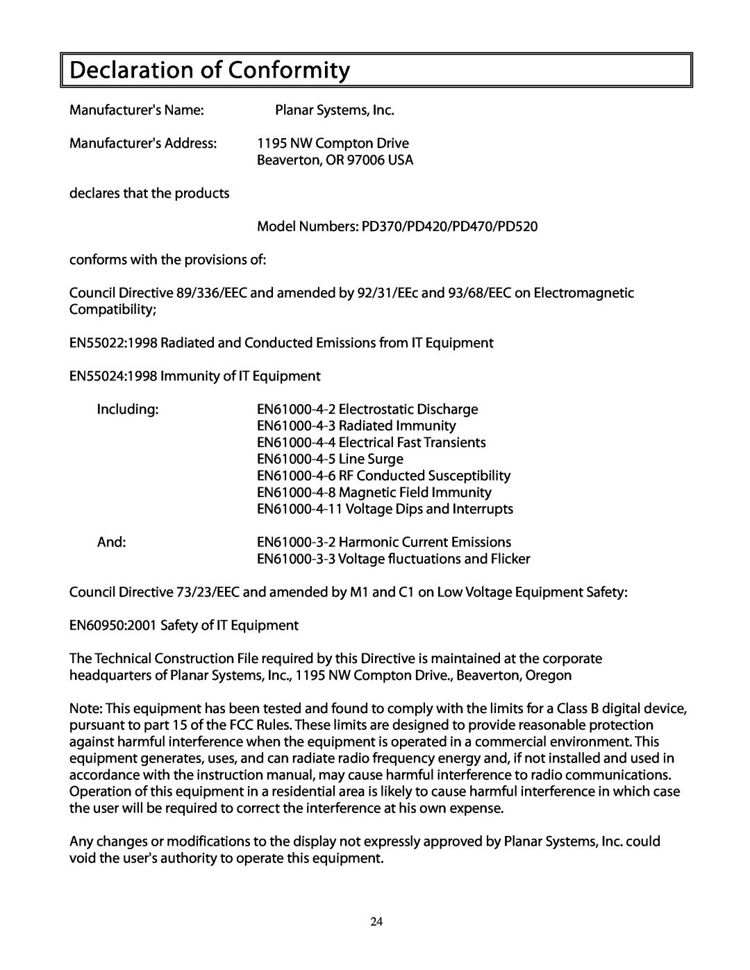 Planar PD370 user manual Declaration of Conformity 
