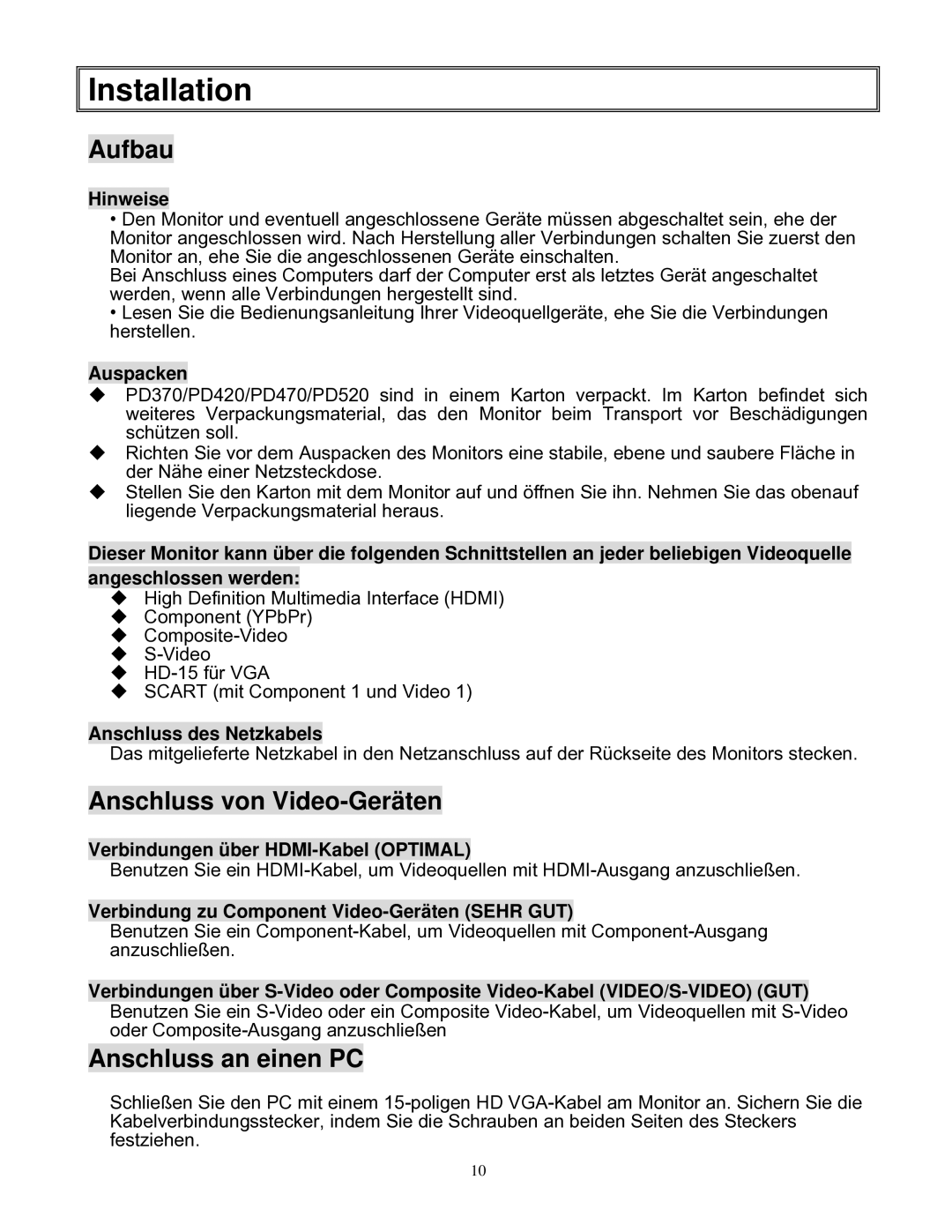 Planar PD370/PD420/PD470/PD520 manual Installation, Aufbau, Anschluss von Video-Geräten, Anschluss an einen PC 