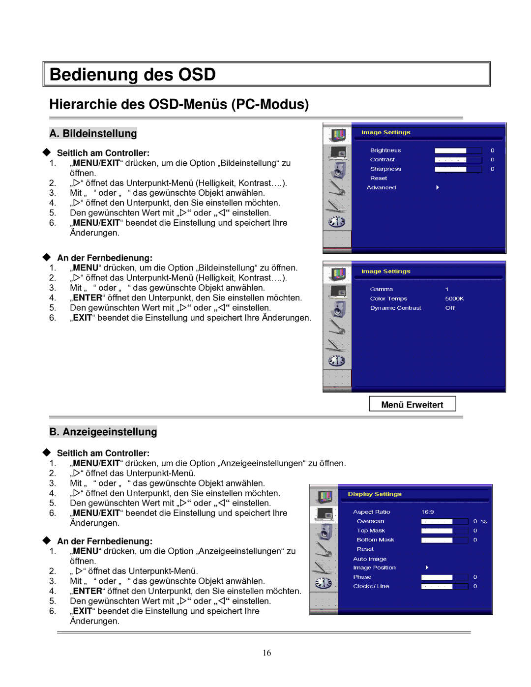 Planar PD370/PD420/PD470/PD520 Bedienung des OSD, Hierarchie des OSD-Menüs PC-Modus, Bildeinstellung, Anzeigeeinstellung 