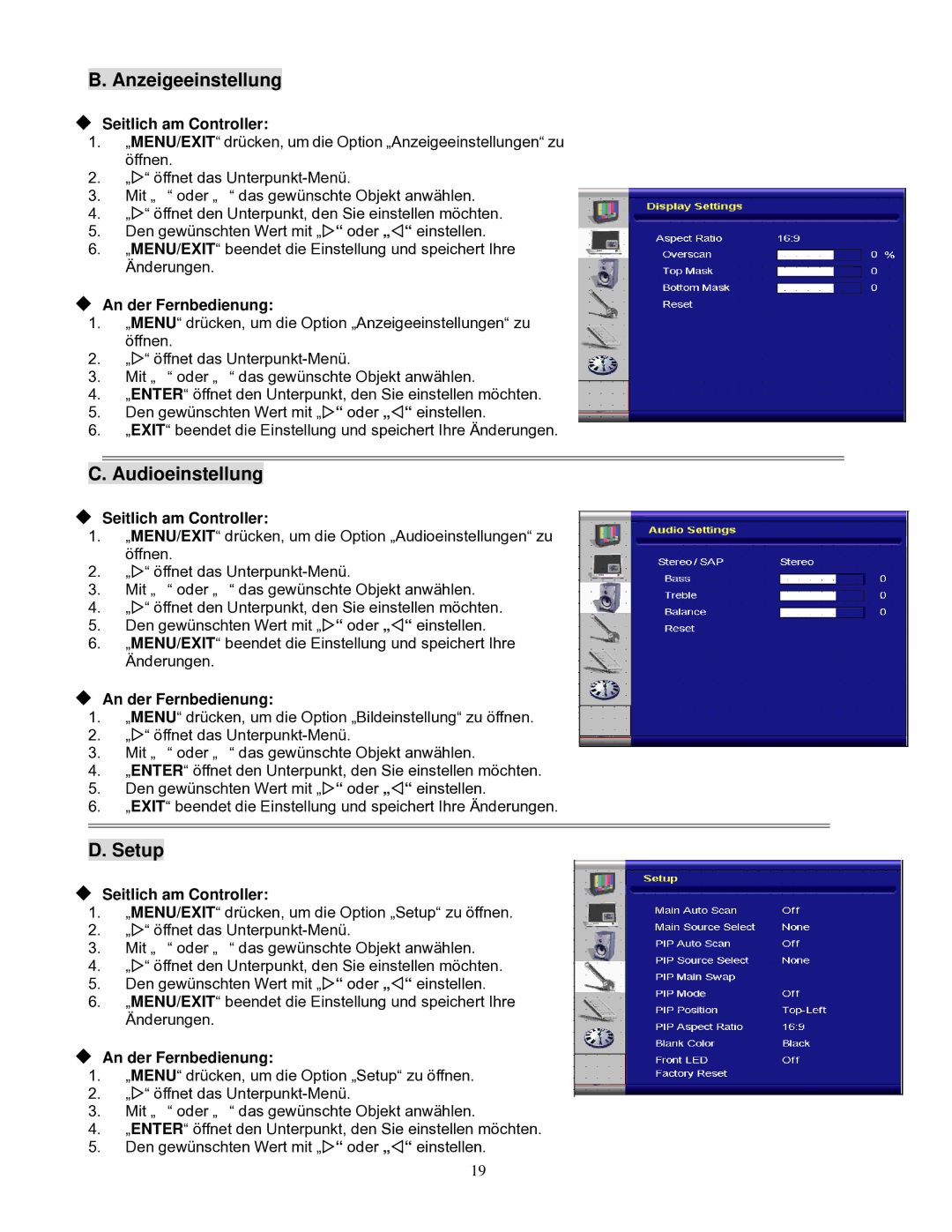 Planar PD370/PD420/PD470/PD520 manual Anzeigeeinstellung 