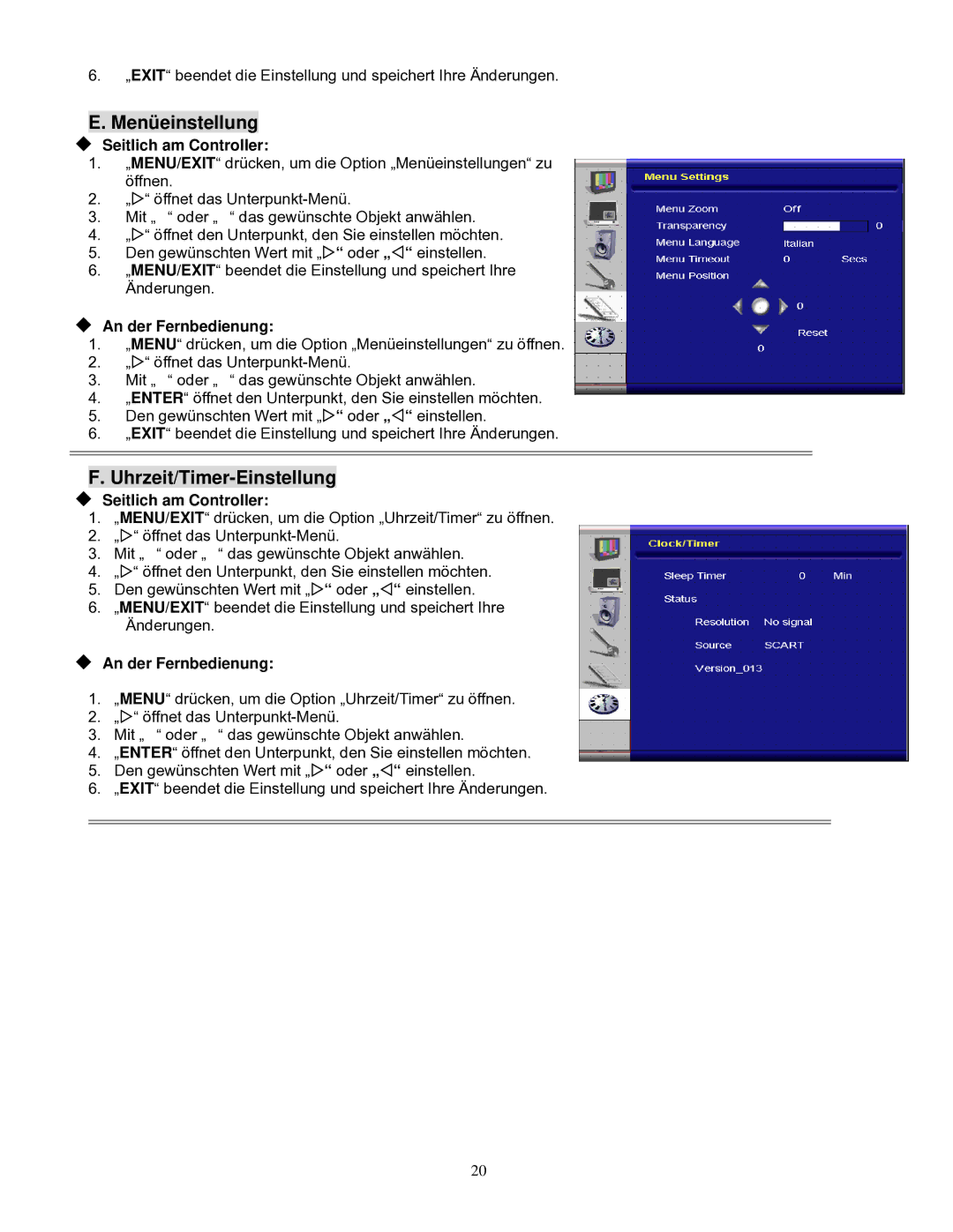 Planar PD370/PD420/PD470/PD520 manual Menüeinstellung 