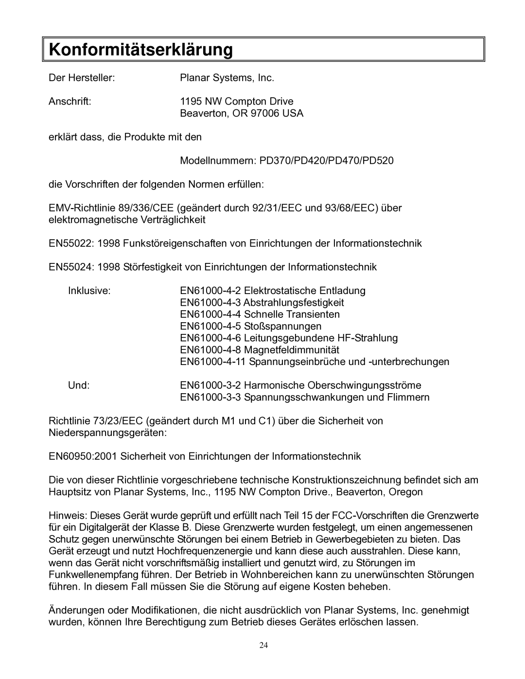 Planar PD370/PD420/PD470/PD520 manual Konformitätserklärung 