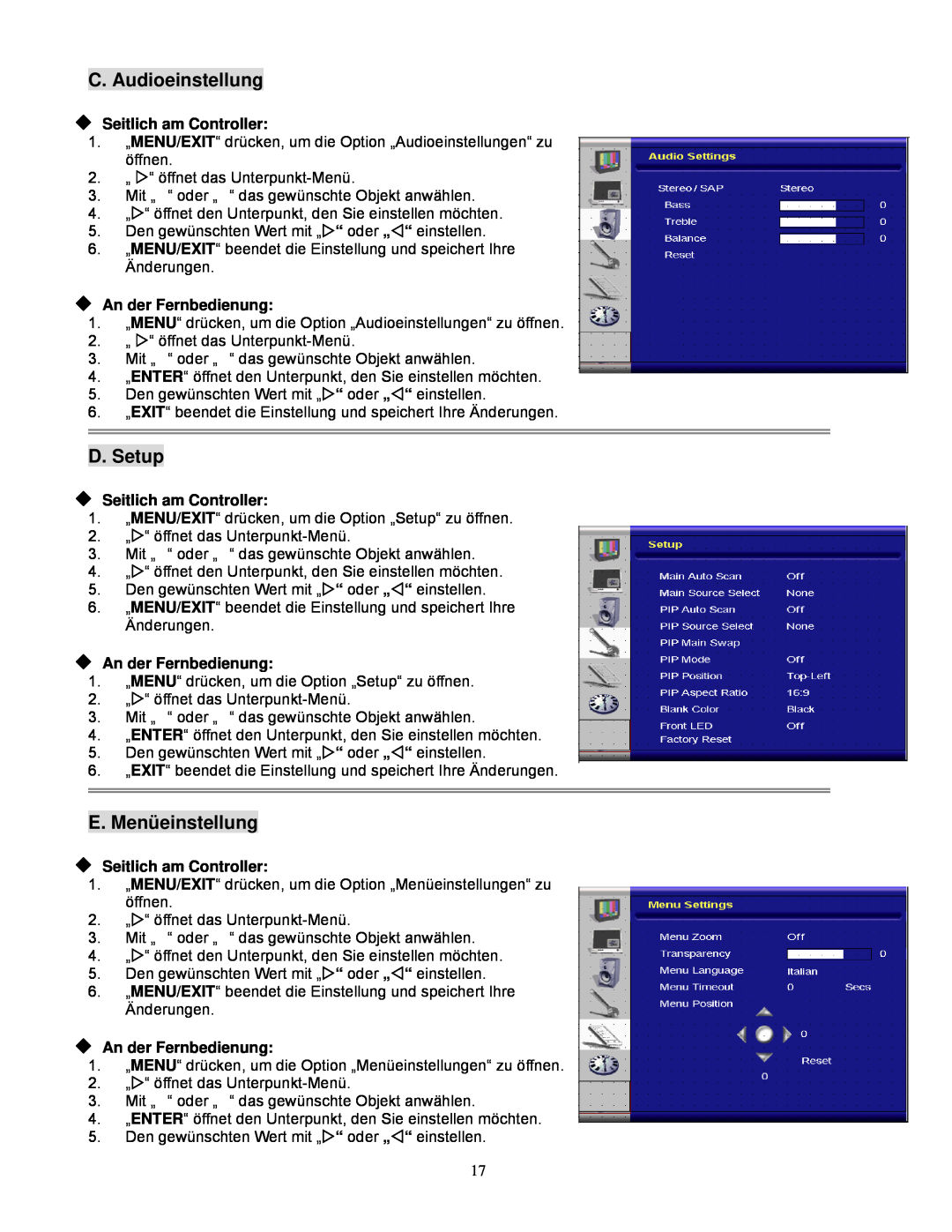 Planar PD370/PD420/PD470/PD520 manual C. Audioeinstellung, D. Setup, E. Menüeinstellung, ‹ Seitlich am Controller 