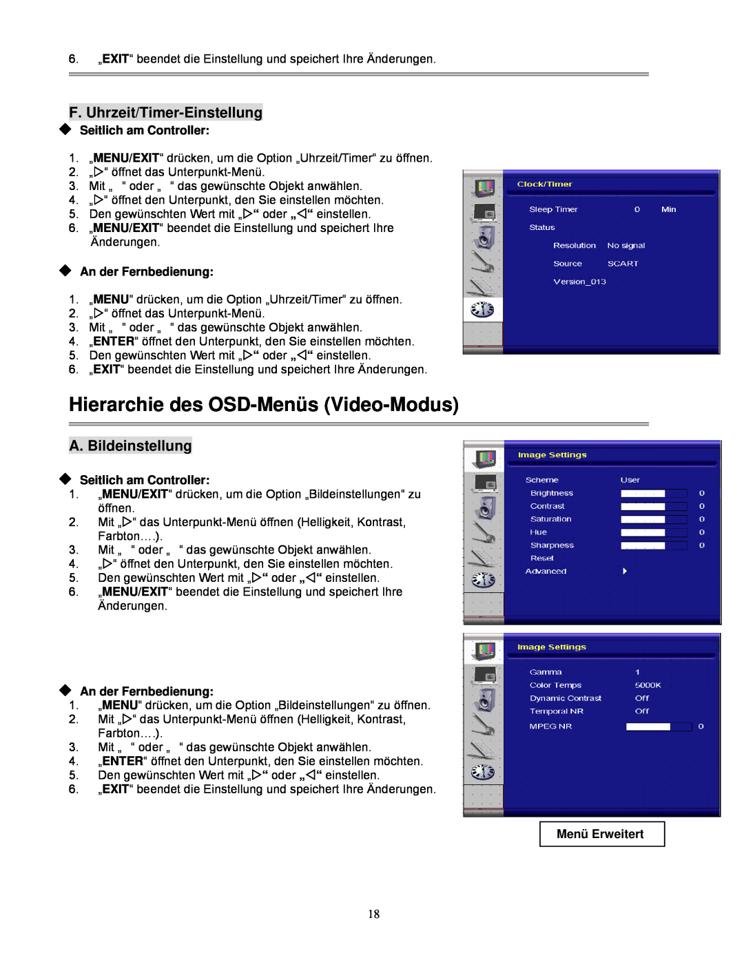 Planar PD370/PD420/PD470/PD520 Hierarchie des OSD-Menüs Video-Modus, F. Uhrzeit/Timer-Einstellung, A. Bildeinstellung 