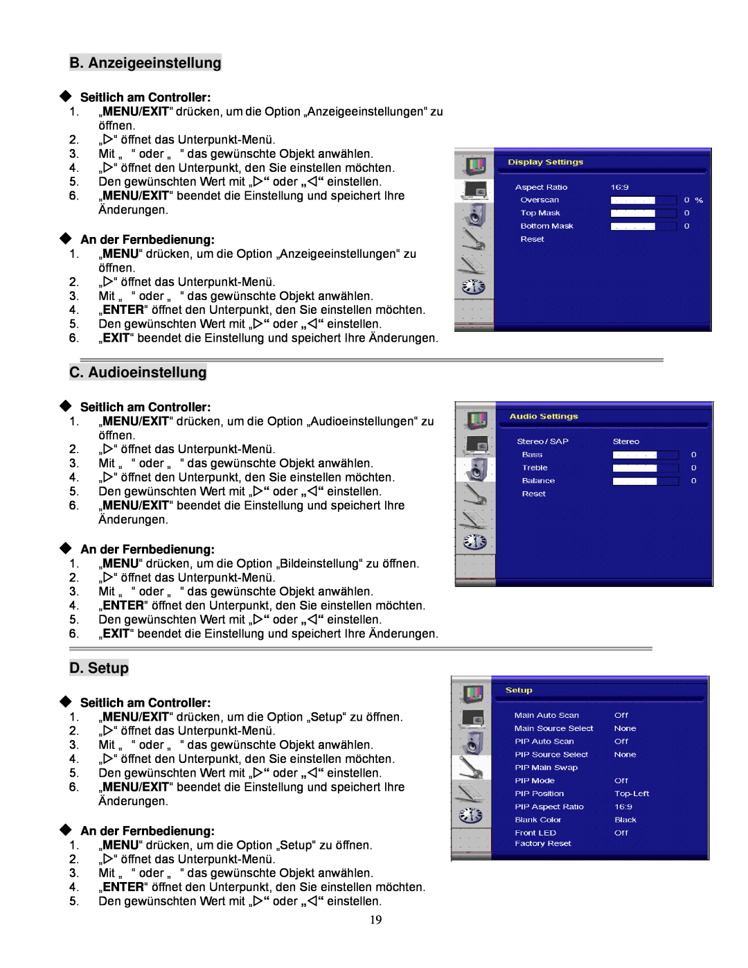 Planar PD370/PD420/PD470/PD520 manual B. Anzeigeeinstellung, C. Audioeinstellung, D. Setup, ‹ Seitlich am Controller 