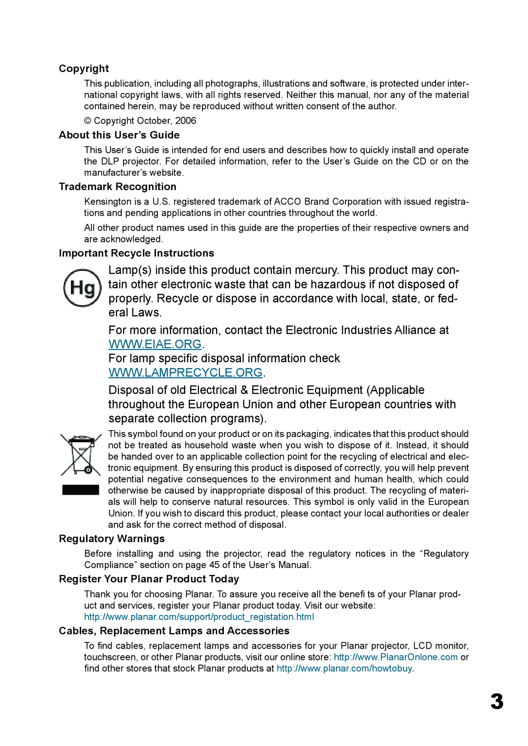 Planar PD4010 manual Important Recycle Instructions 