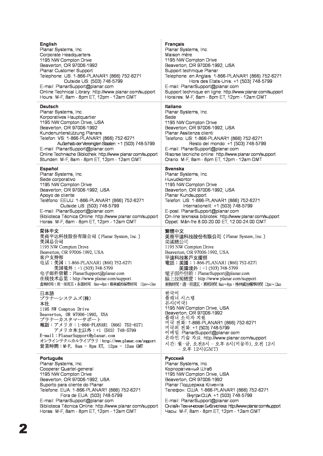 Planar PD4010 manual English, Deutsch, Español, Português, Français, Italiano, Svenska, Русский 