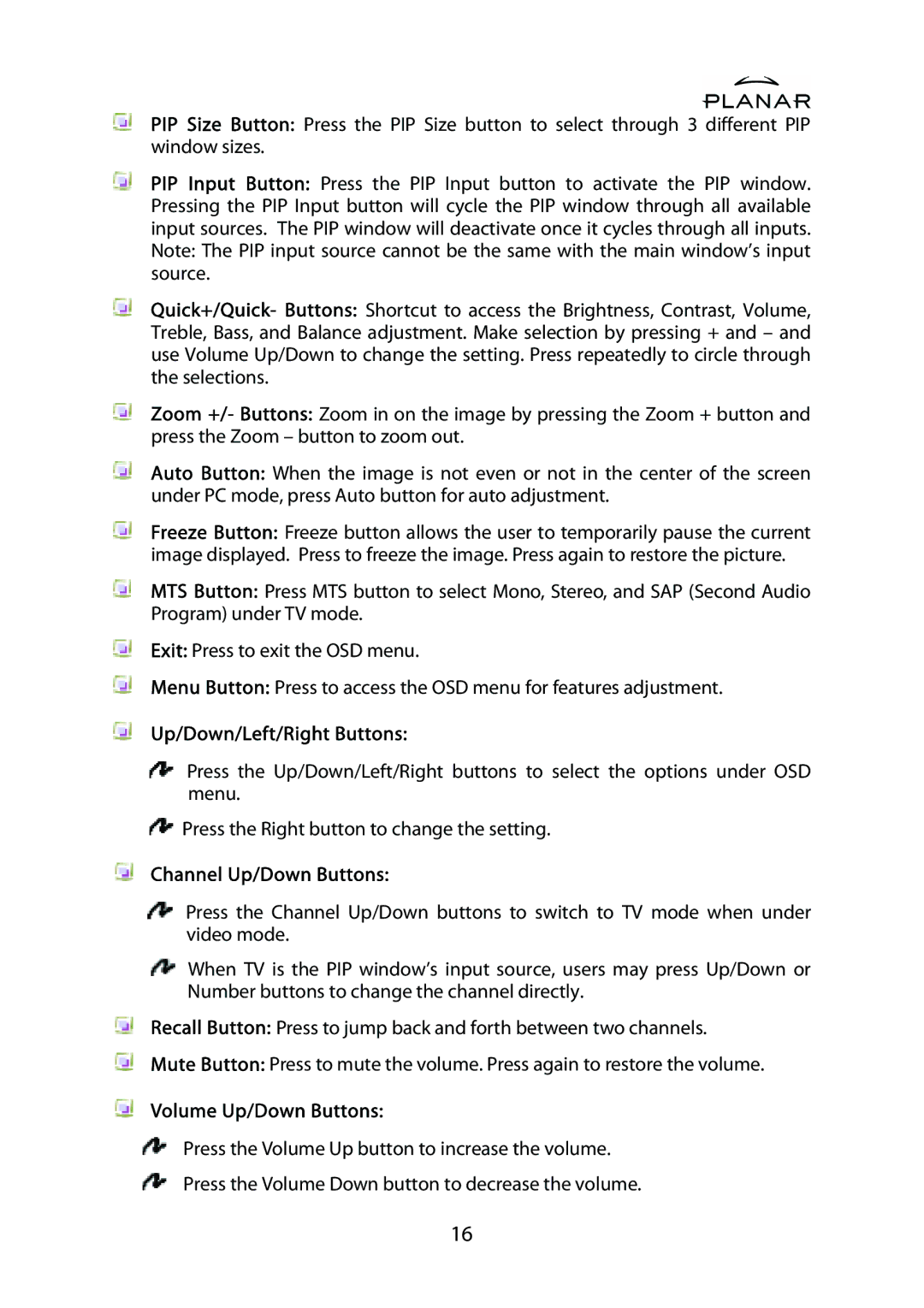 Planar PD42ED manual Up/Down/Left/Right Buttons, Channel Up/Down Buttons, Volume Up/Down Buttons 
