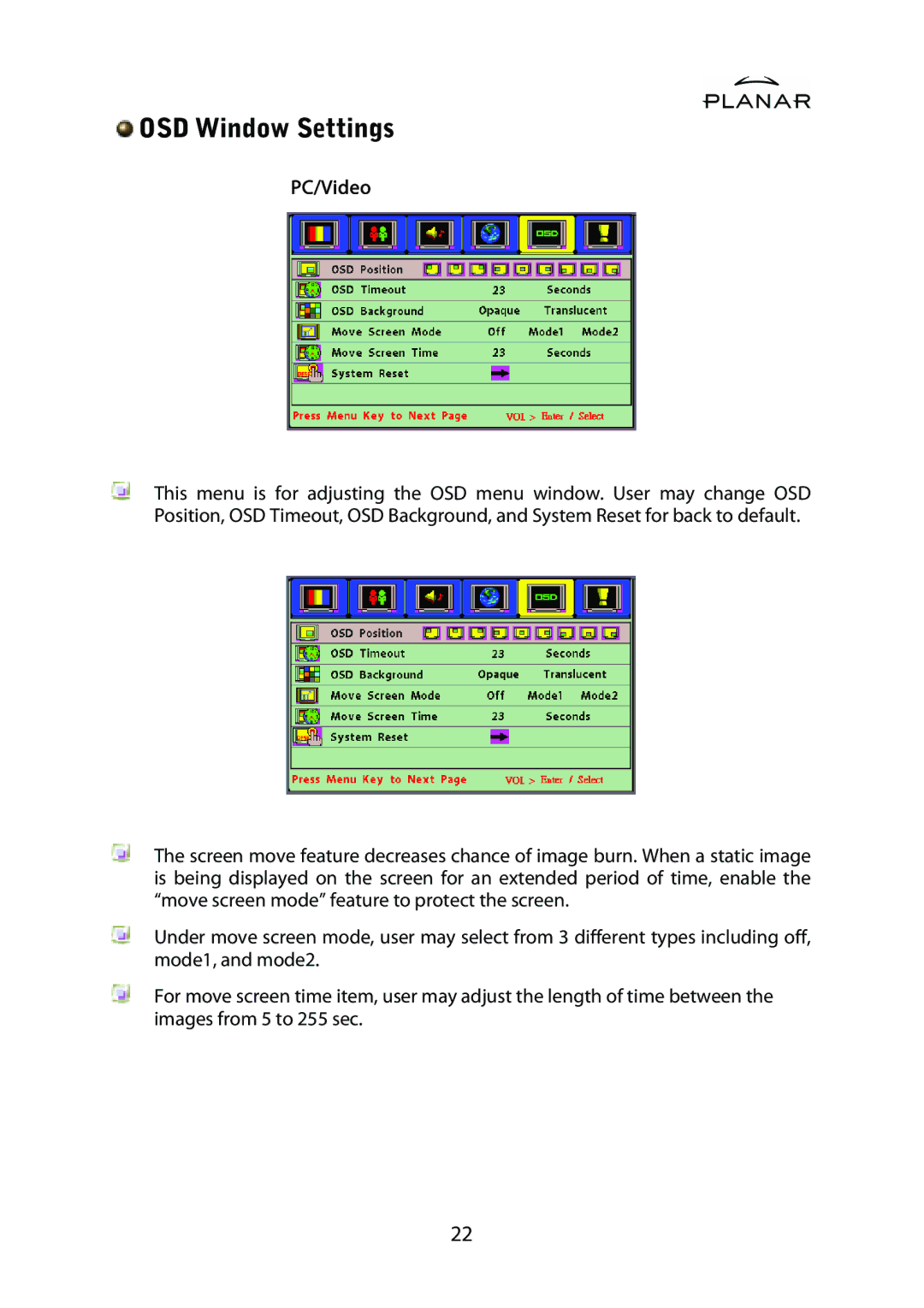 Planar PD42ED manual OSD Window Settings 