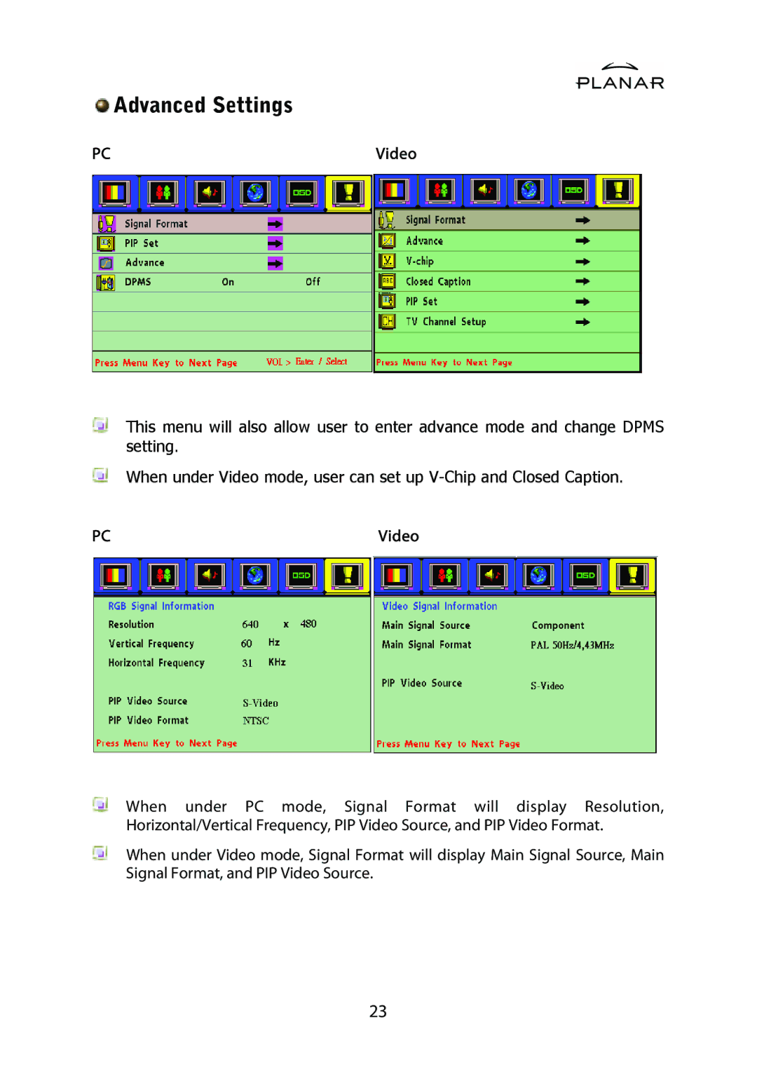 Planar PD42ED manual Advanced Settings 