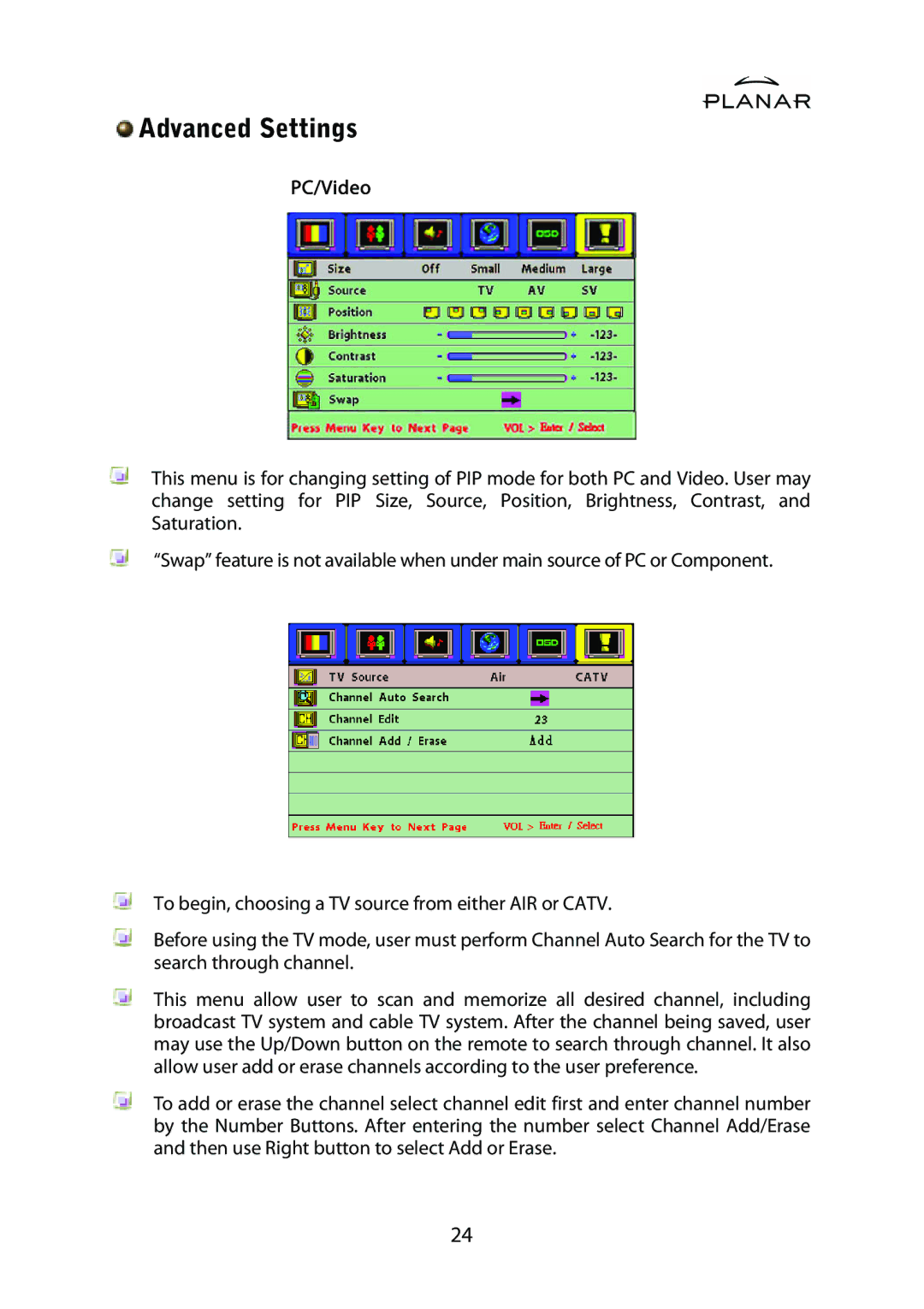 Planar PD42ED manual Advanced Settings 