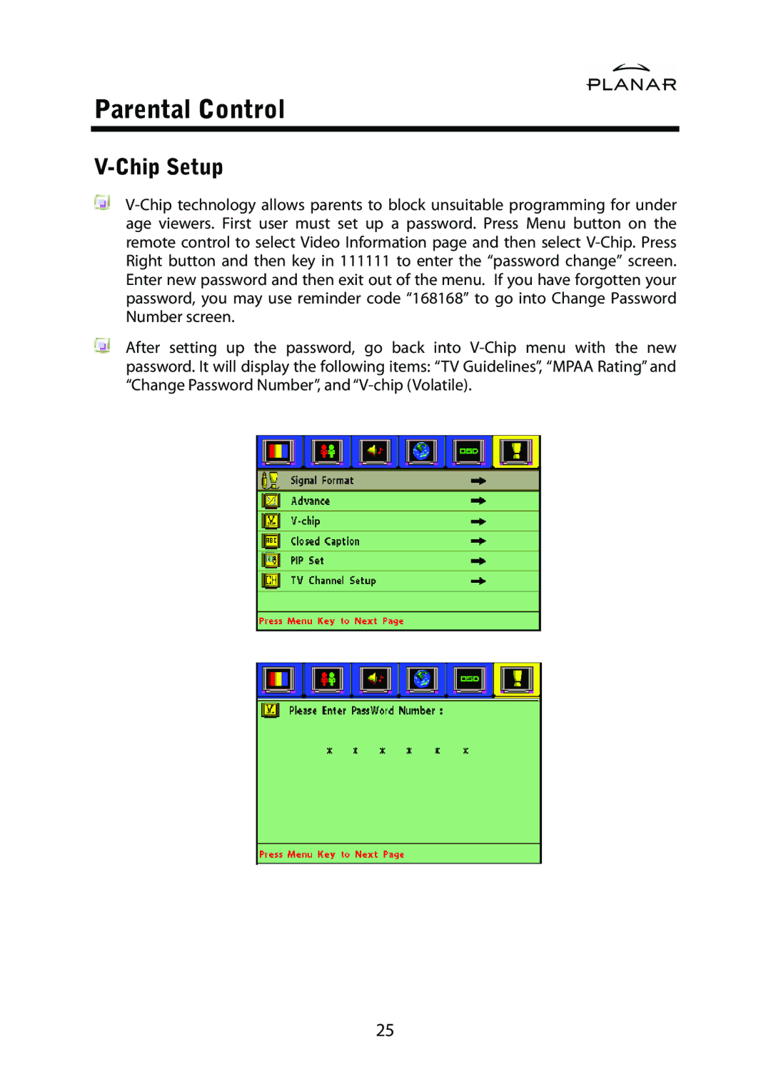 Planar PD42ED manual Parental Control, Chip Setup 