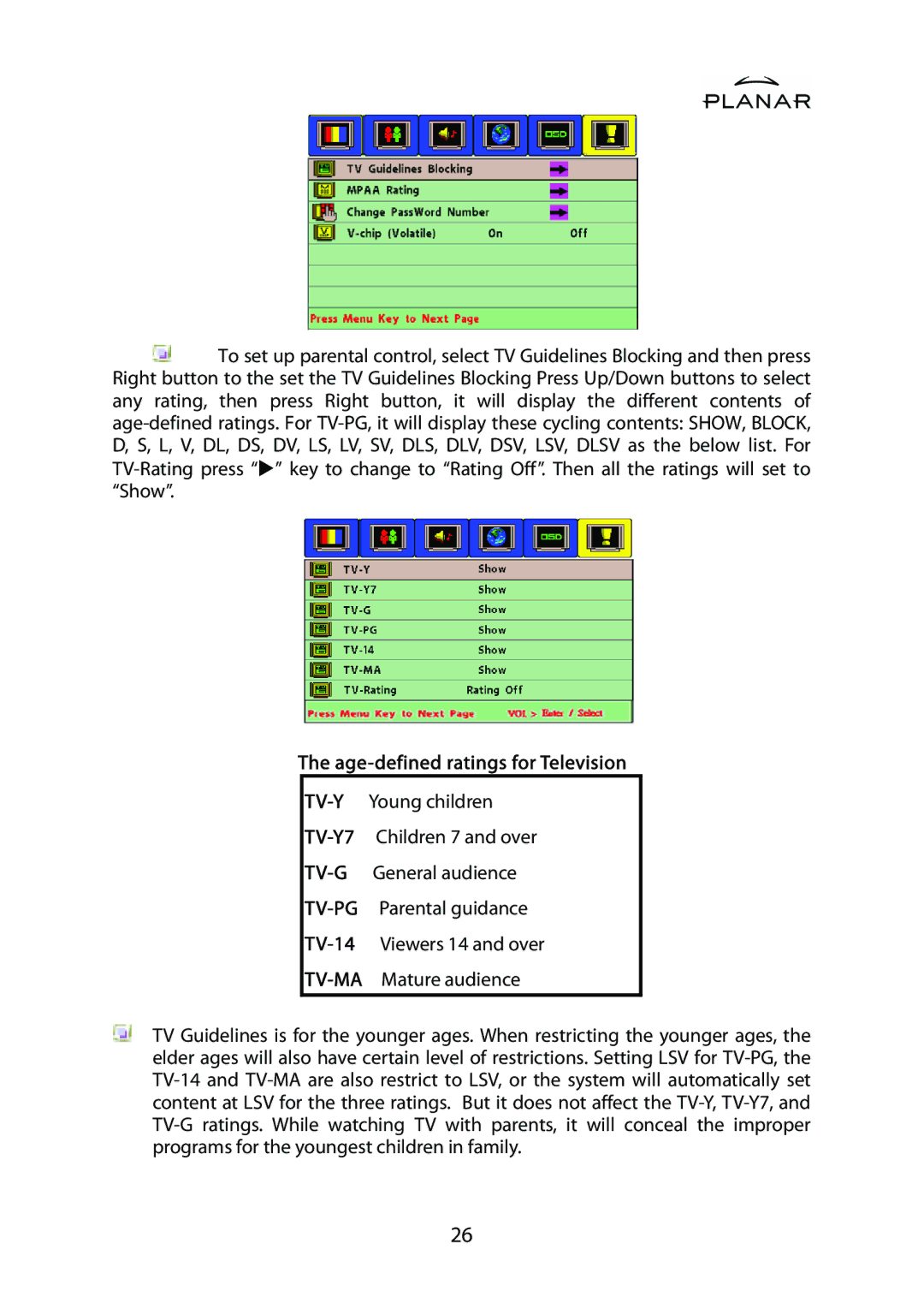 Planar PD42ED manual Age-defined ratings for Television 