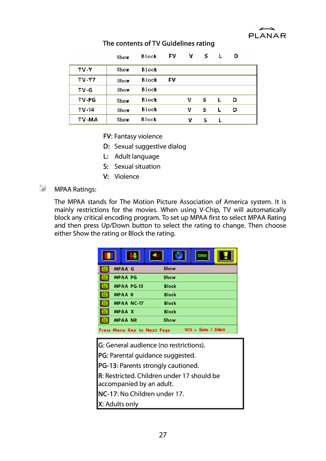 Planar PD42ED manual Contents of TV Guidelines rating 