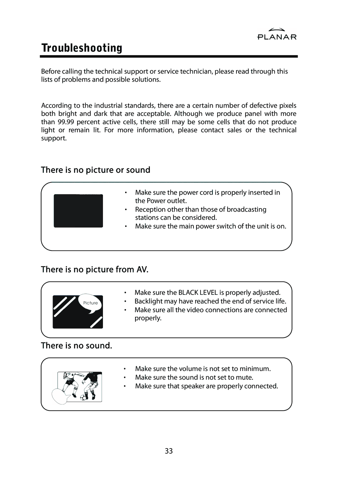 Planar PD42ED manual Troubleshooting, There is no picture or sound 