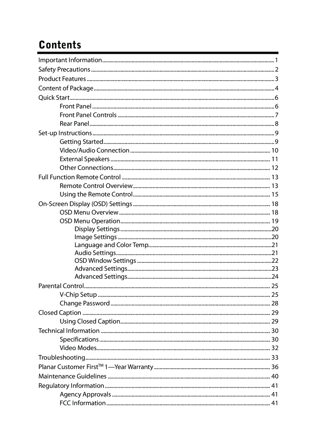 Planar PD42ED manual Contents 