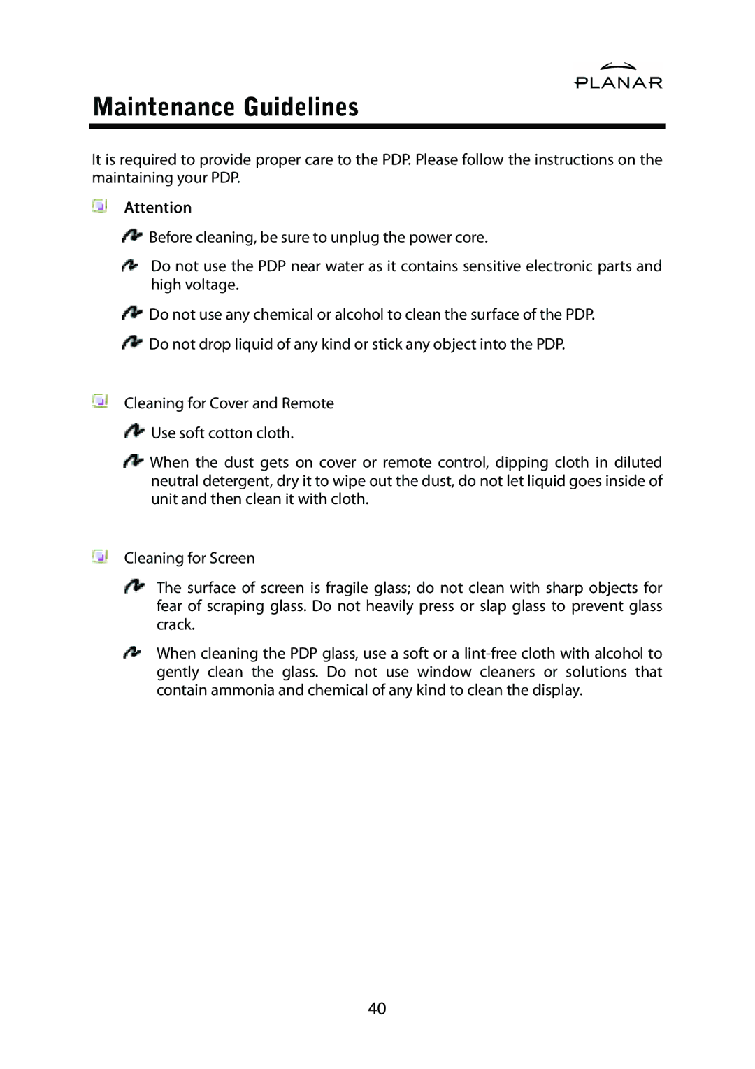 Planar PD42ED manual Maintenance Guidelines 