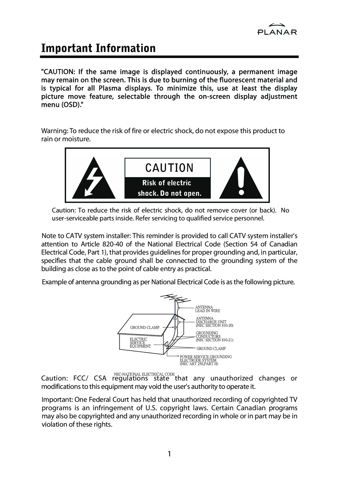 Planar PD42ED manual Important Information, Risk of electric shock. Do not open 