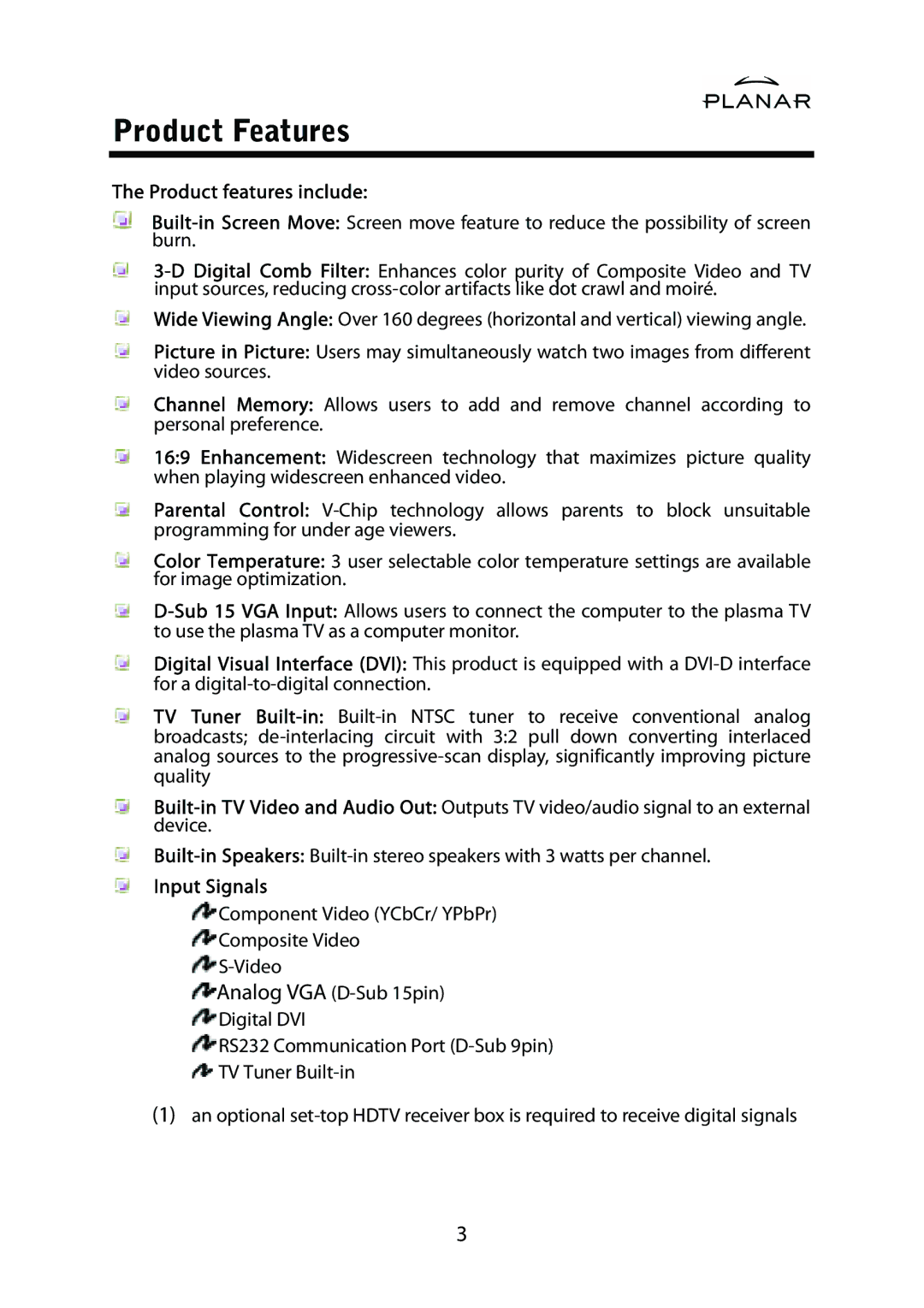 Planar PD42ED manual Product Features, Product features include, Input Signals 