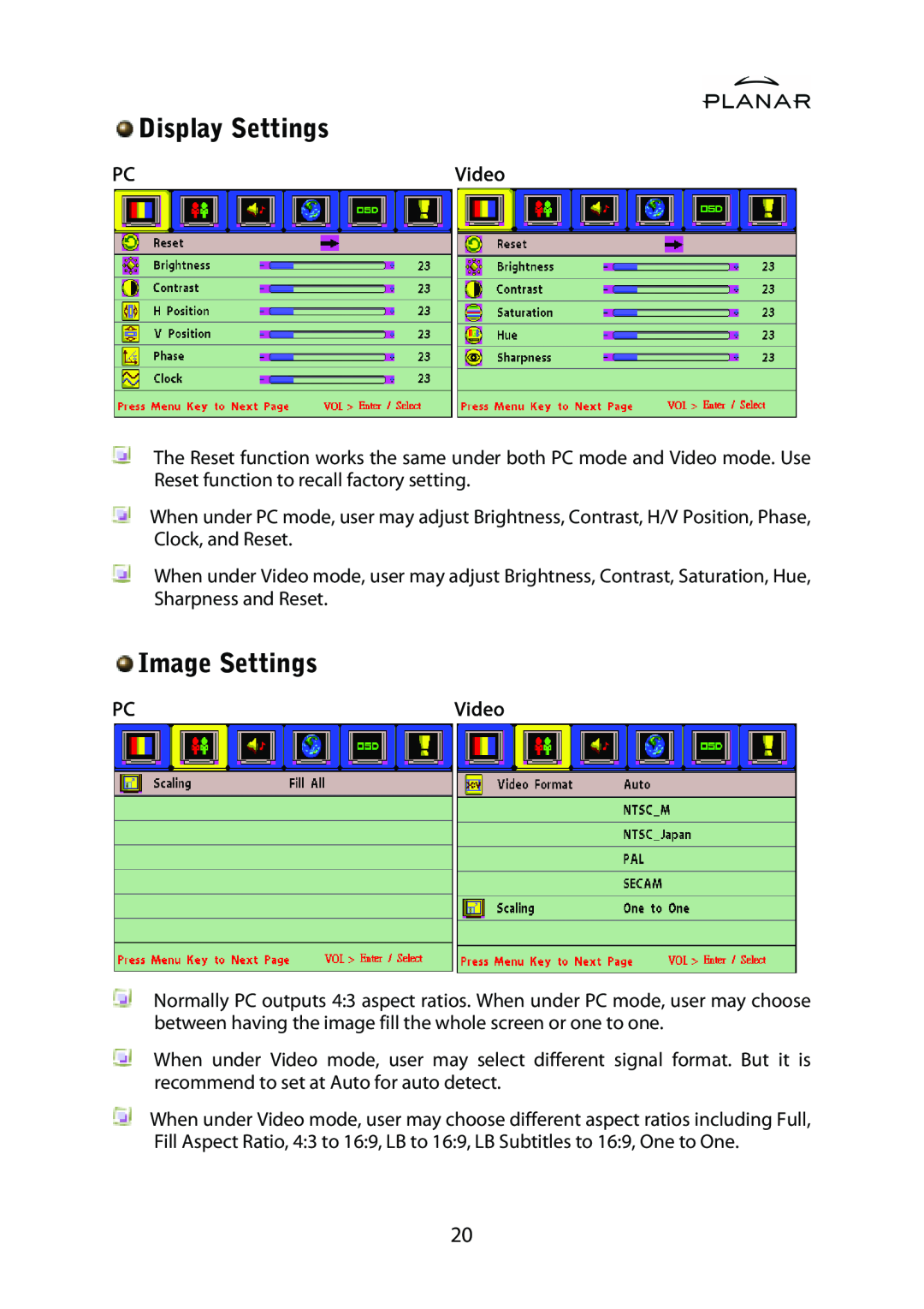 Planar PD42ED manual Display Settings, Image Settings 