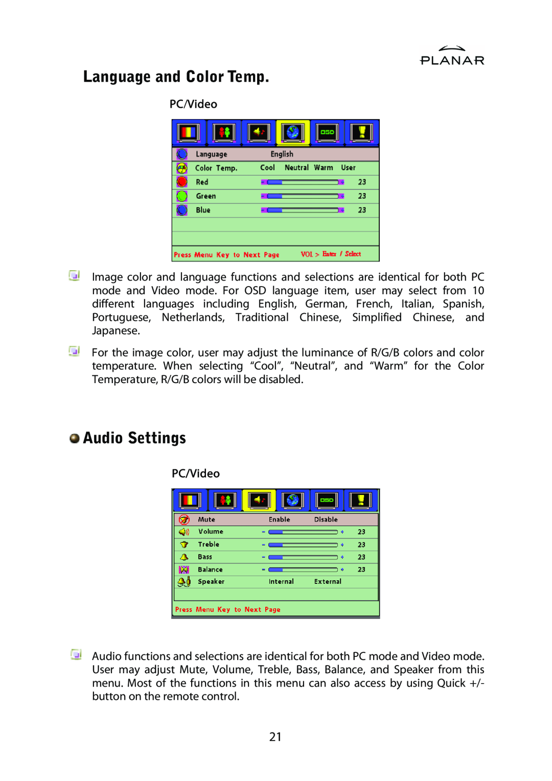 Planar PD42ED manual Language and Color Temp, Audio Settings, PC/Video 