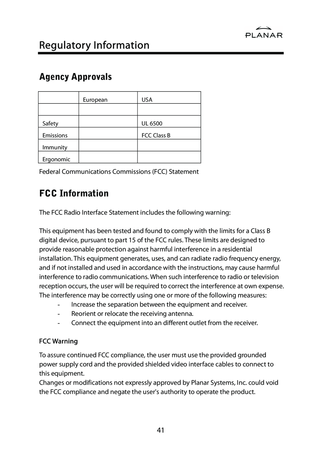 Planar PD42ED manual Regulatory Information, Agency Approvals, FCC Information, FCC Warning 