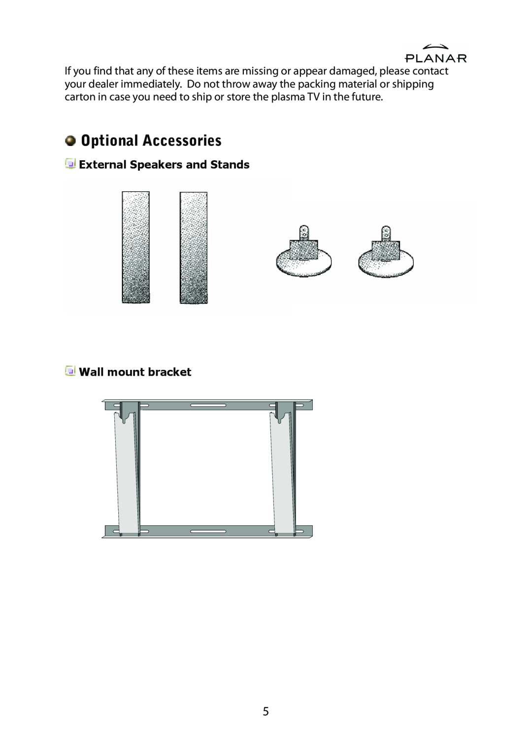 Planar PD42ED manual Optional Accessories, External Speakers and Stands Wall mount bracket 